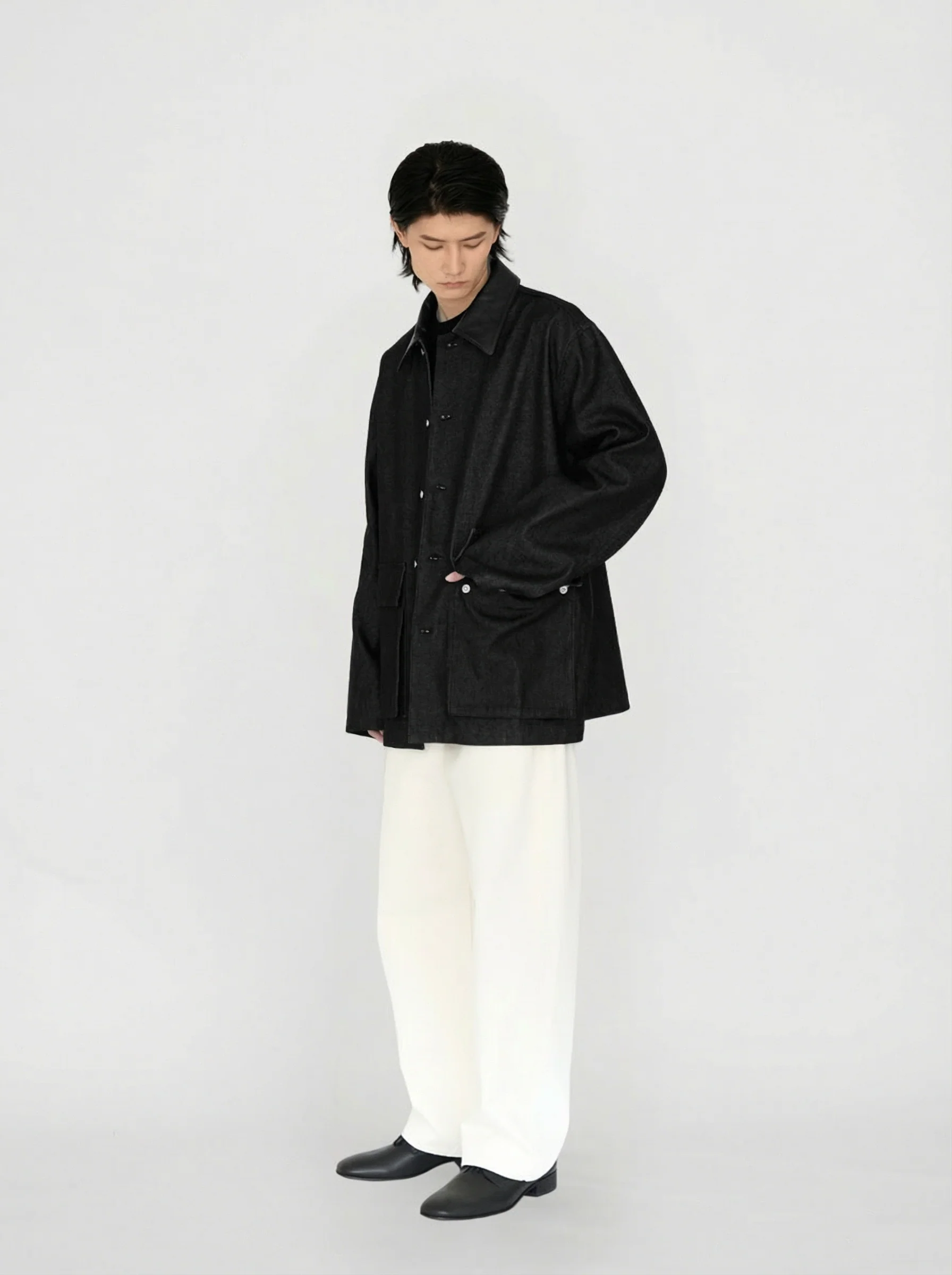 Leather Collar Raw Denim Jacket - Image 3
