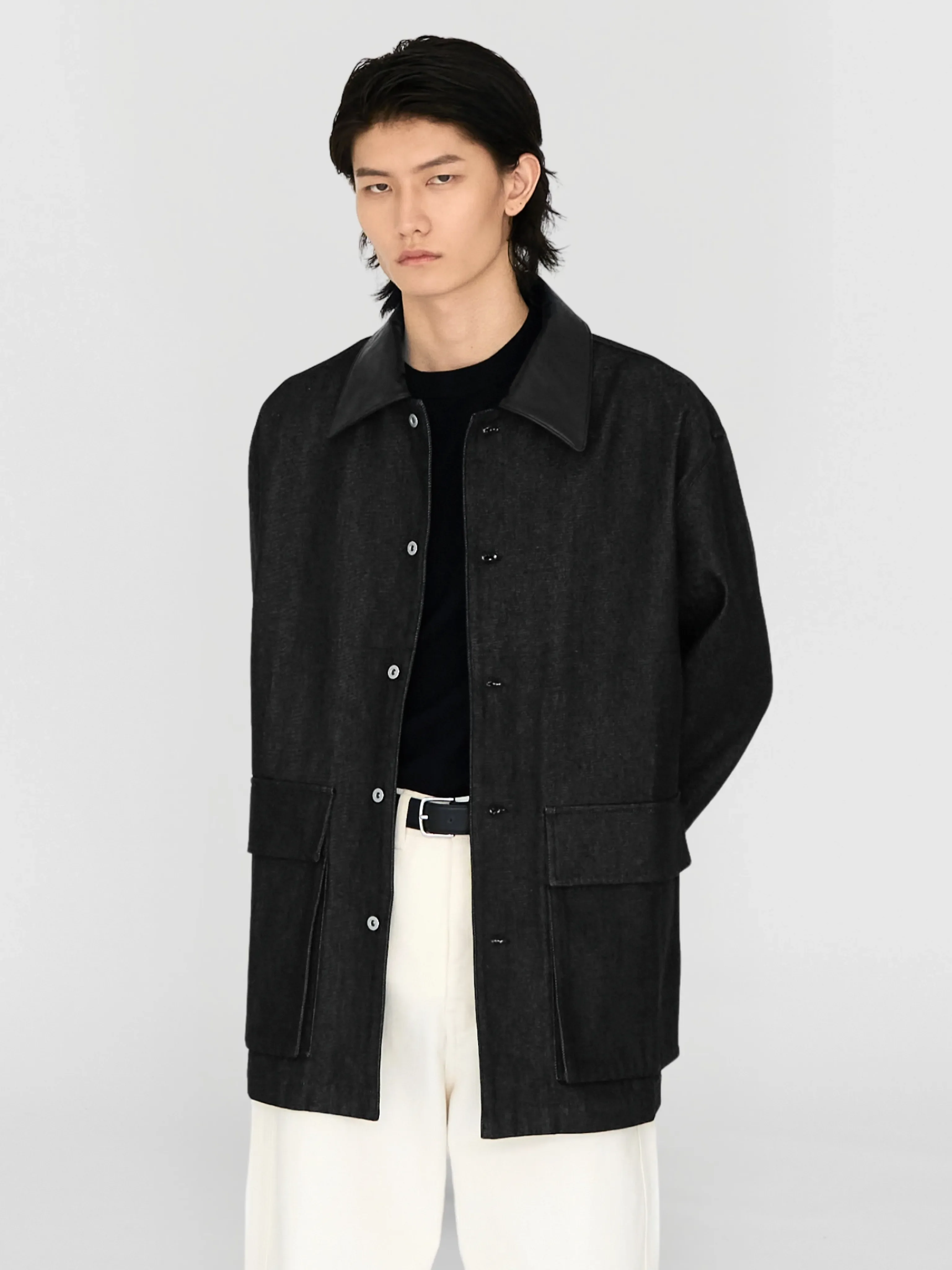 Leather Collar Raw Denim Jacket - Image 4