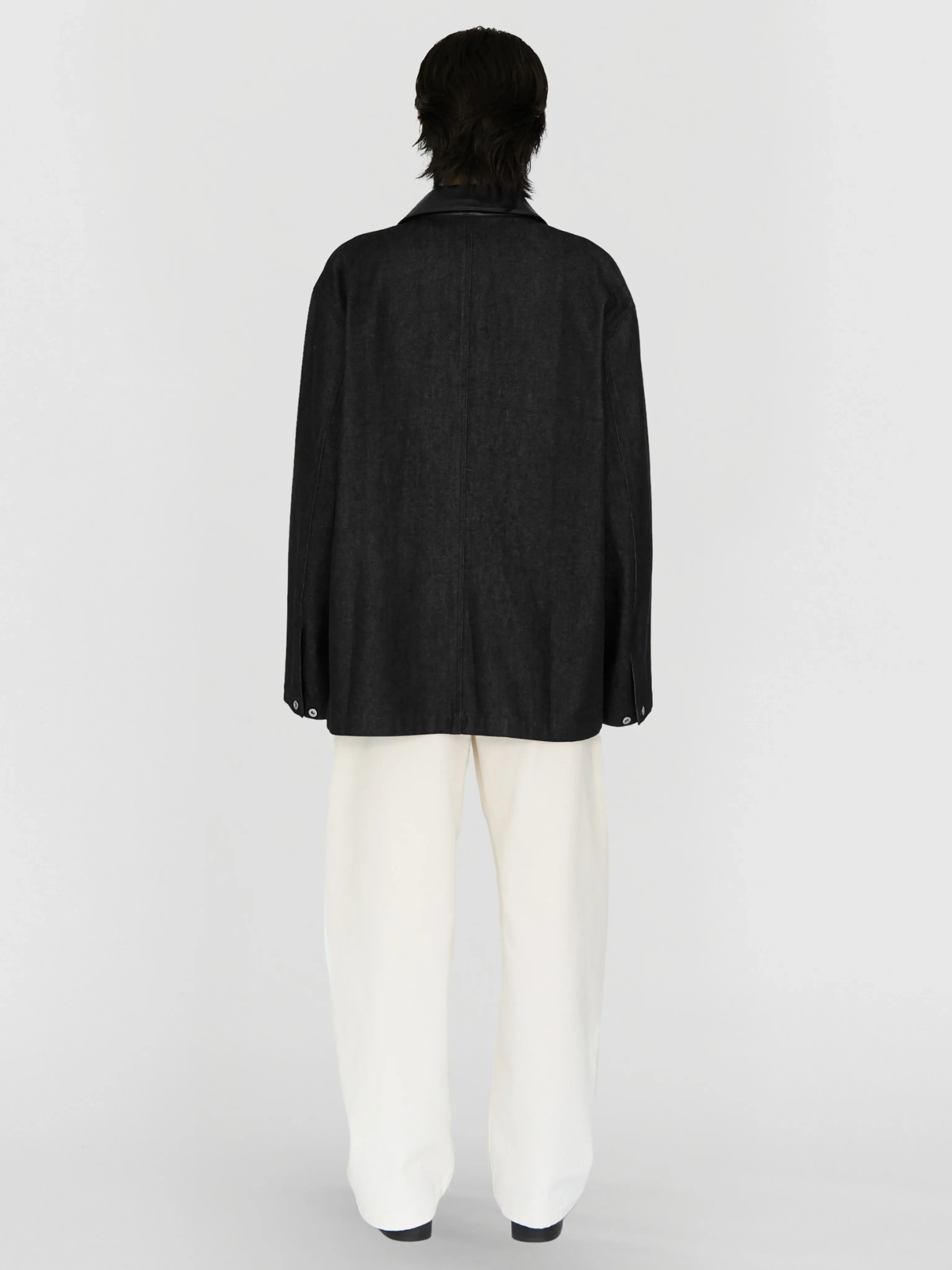 Leather Collar Raw Denim Jacket - Image 6