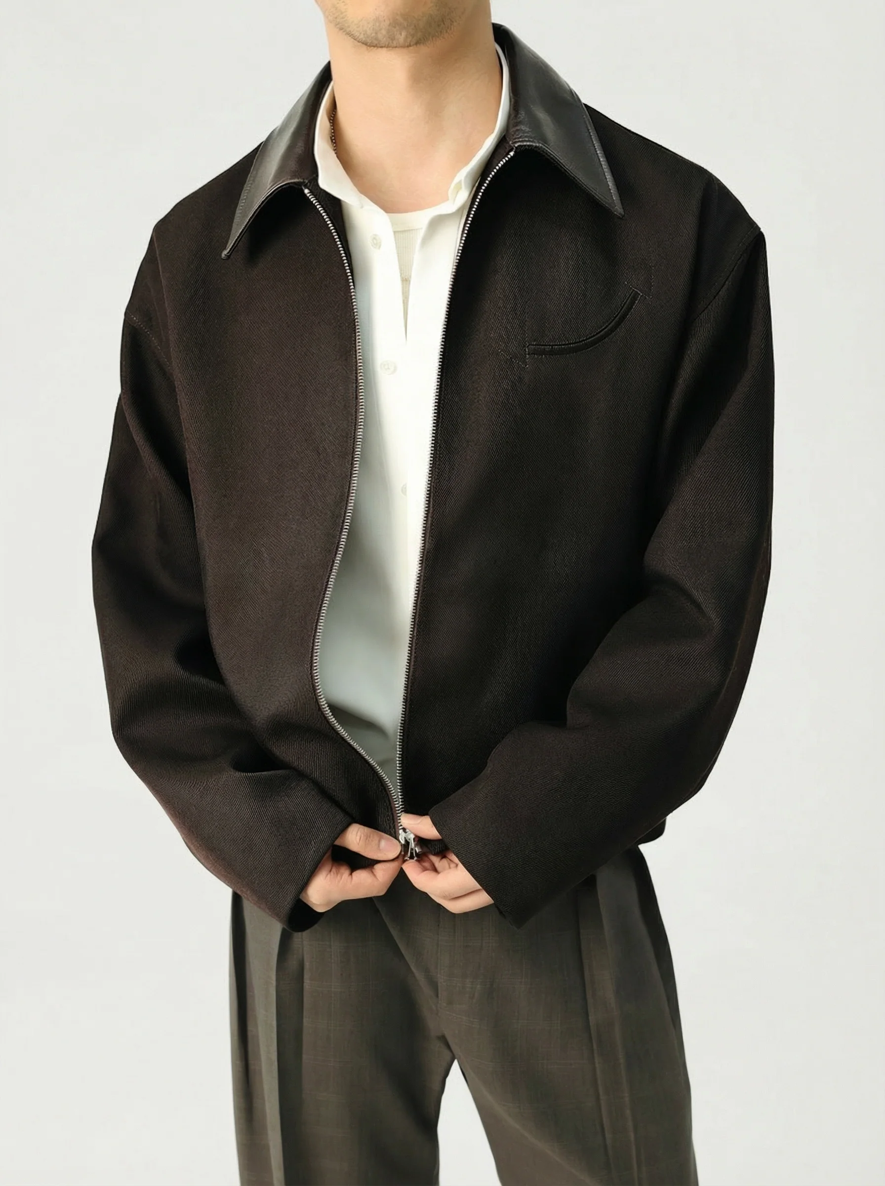 Leather Collar Zip Jacket