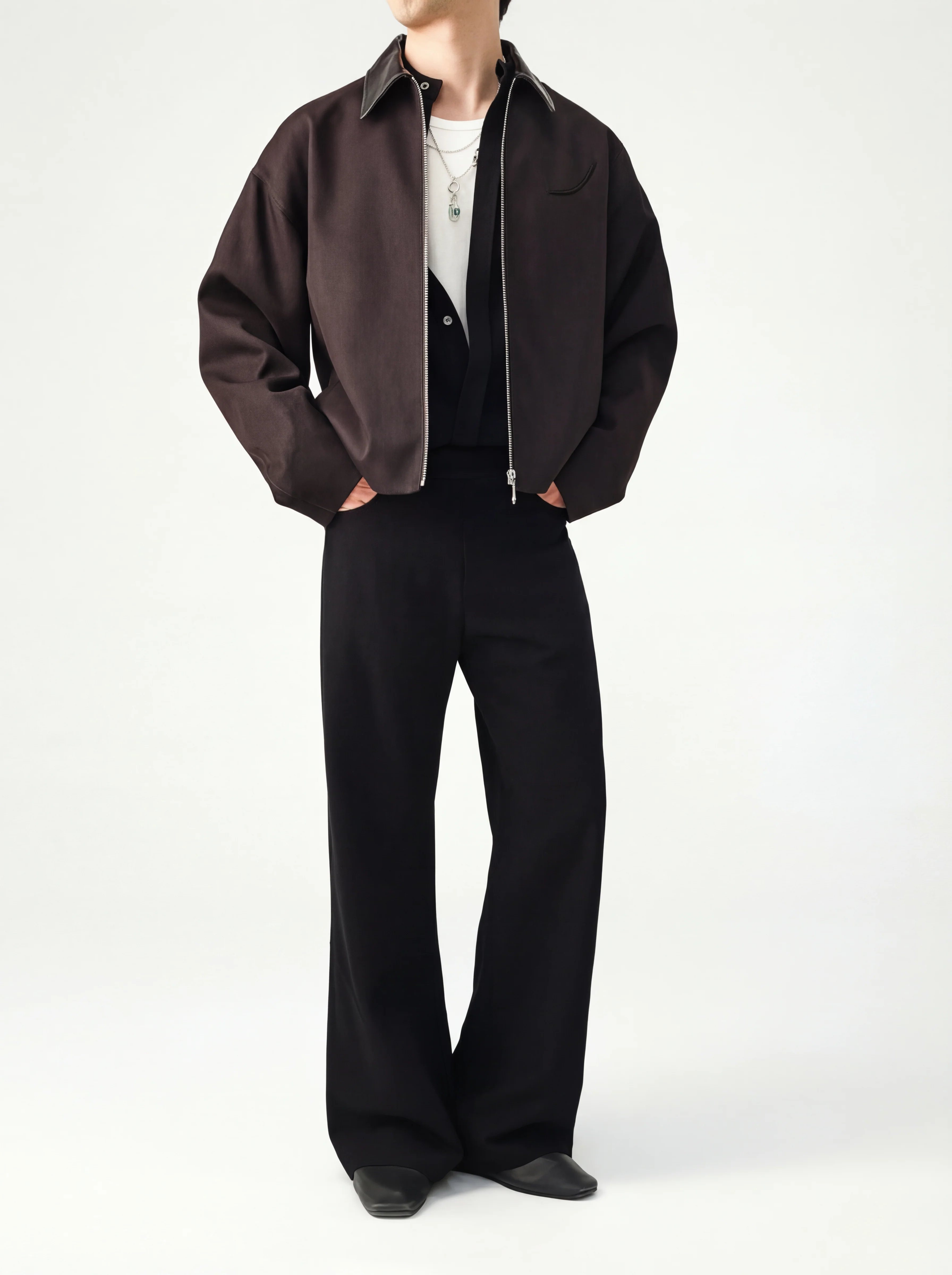 Leather Collar Zip Jacket - Image 2