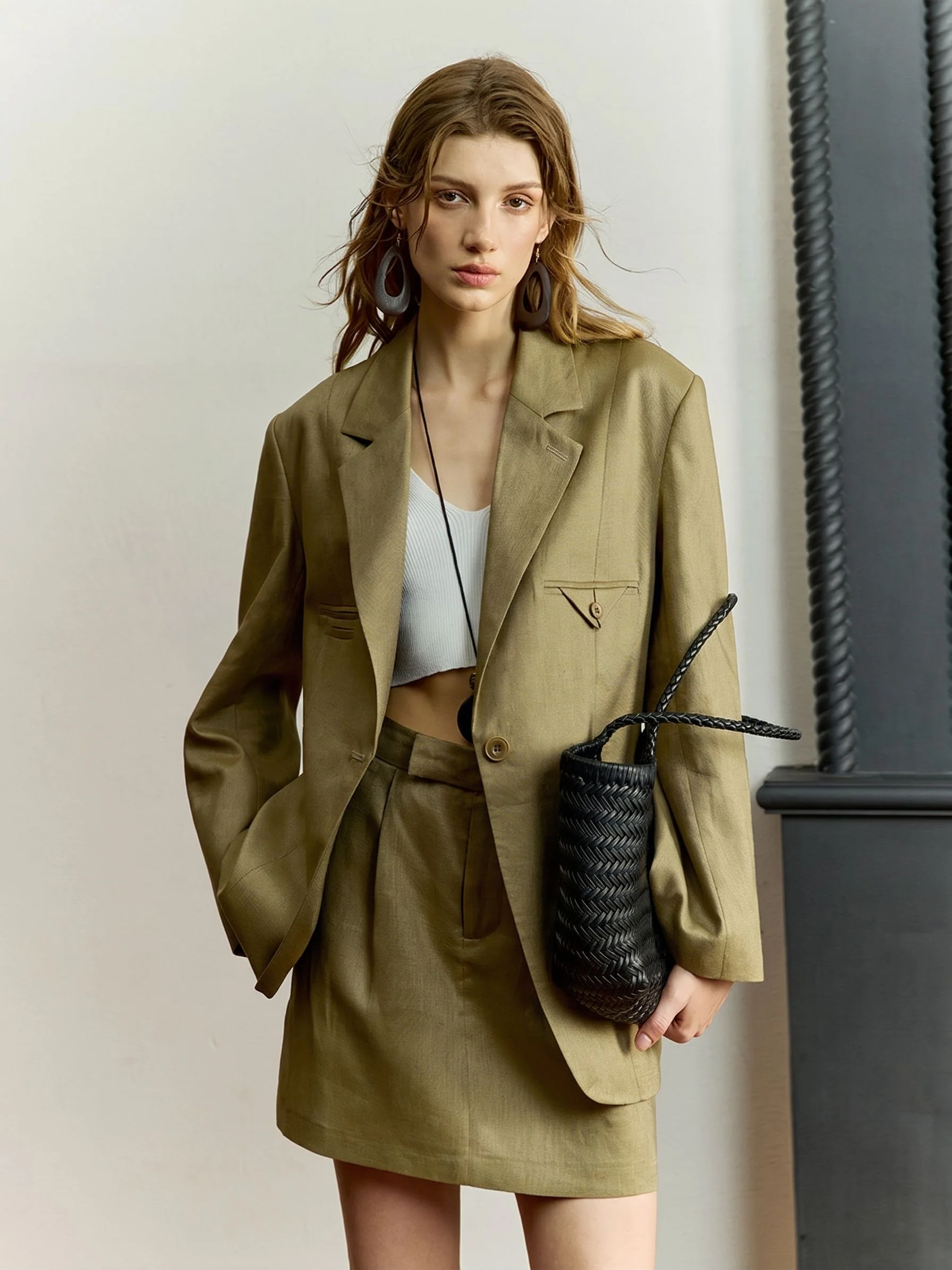 Linen Blazer Skirt Set