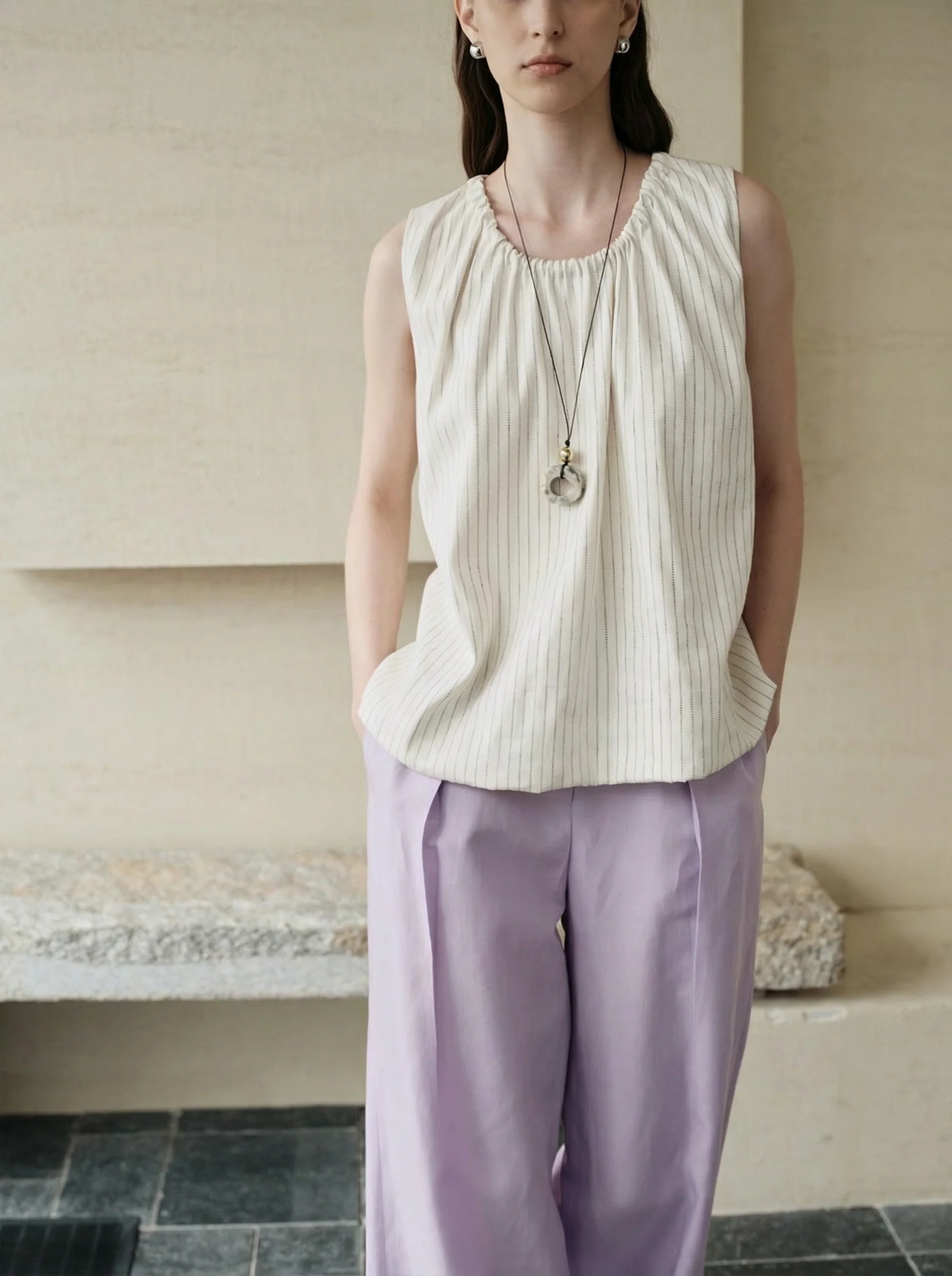 Linen-Blend Pinstripe Tie-Neck Top - Image 3