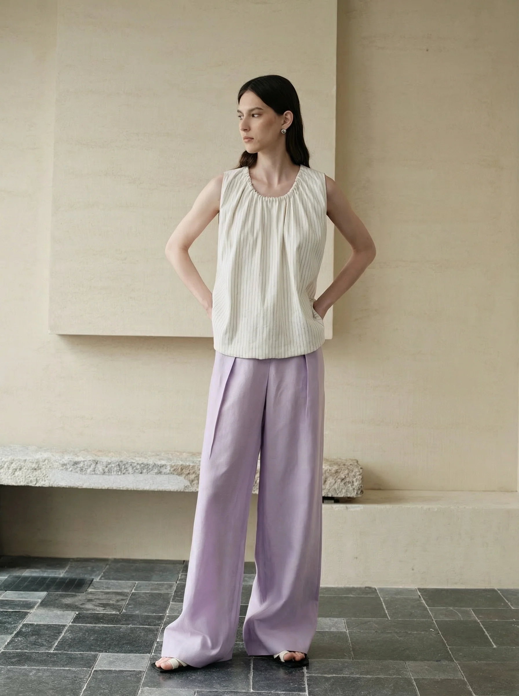 Linen-Blend Pinstripe Tie-Neck Top - Image 4