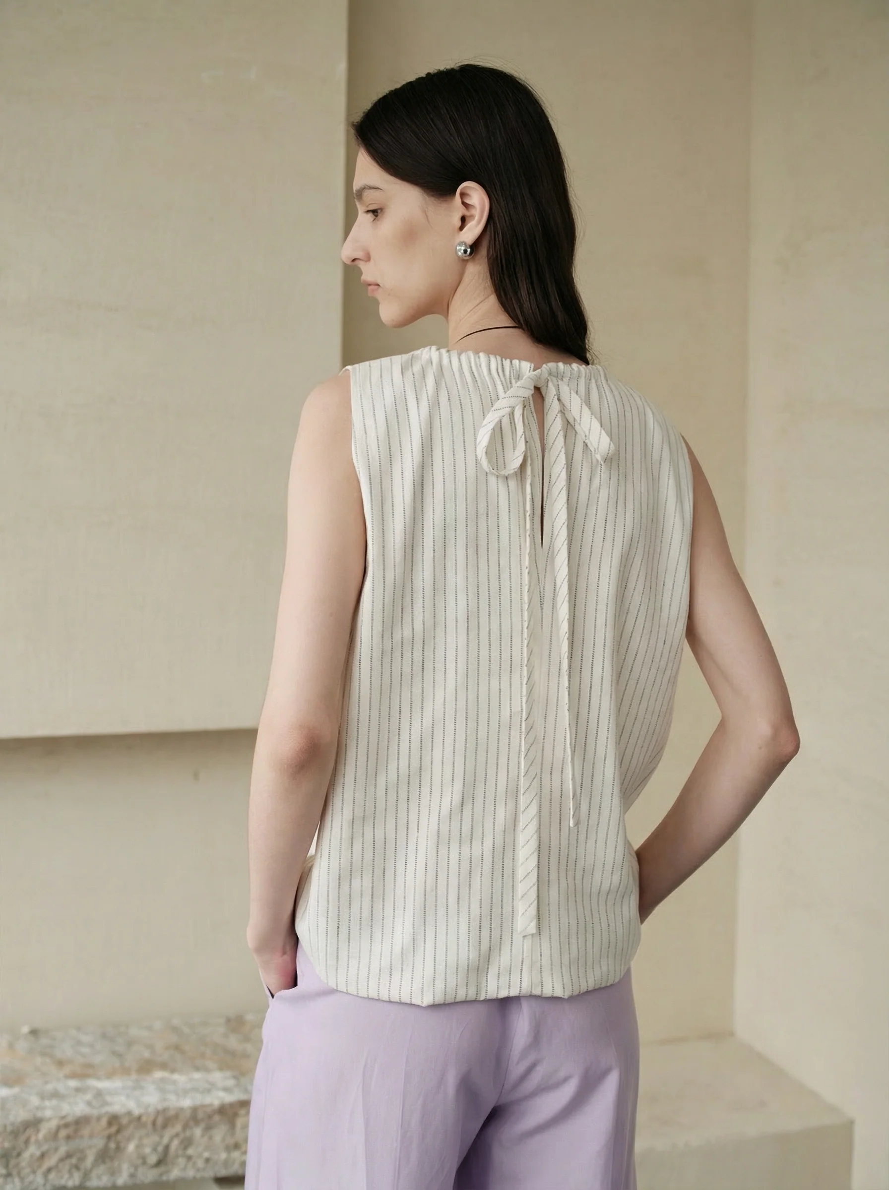 Linen-Blend Pinstripe Tie-Neck Top - Image 5
