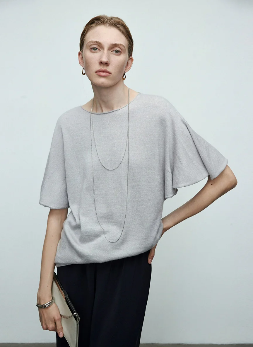 Linen-Cashmere Flutter-Sleeve Knit Top