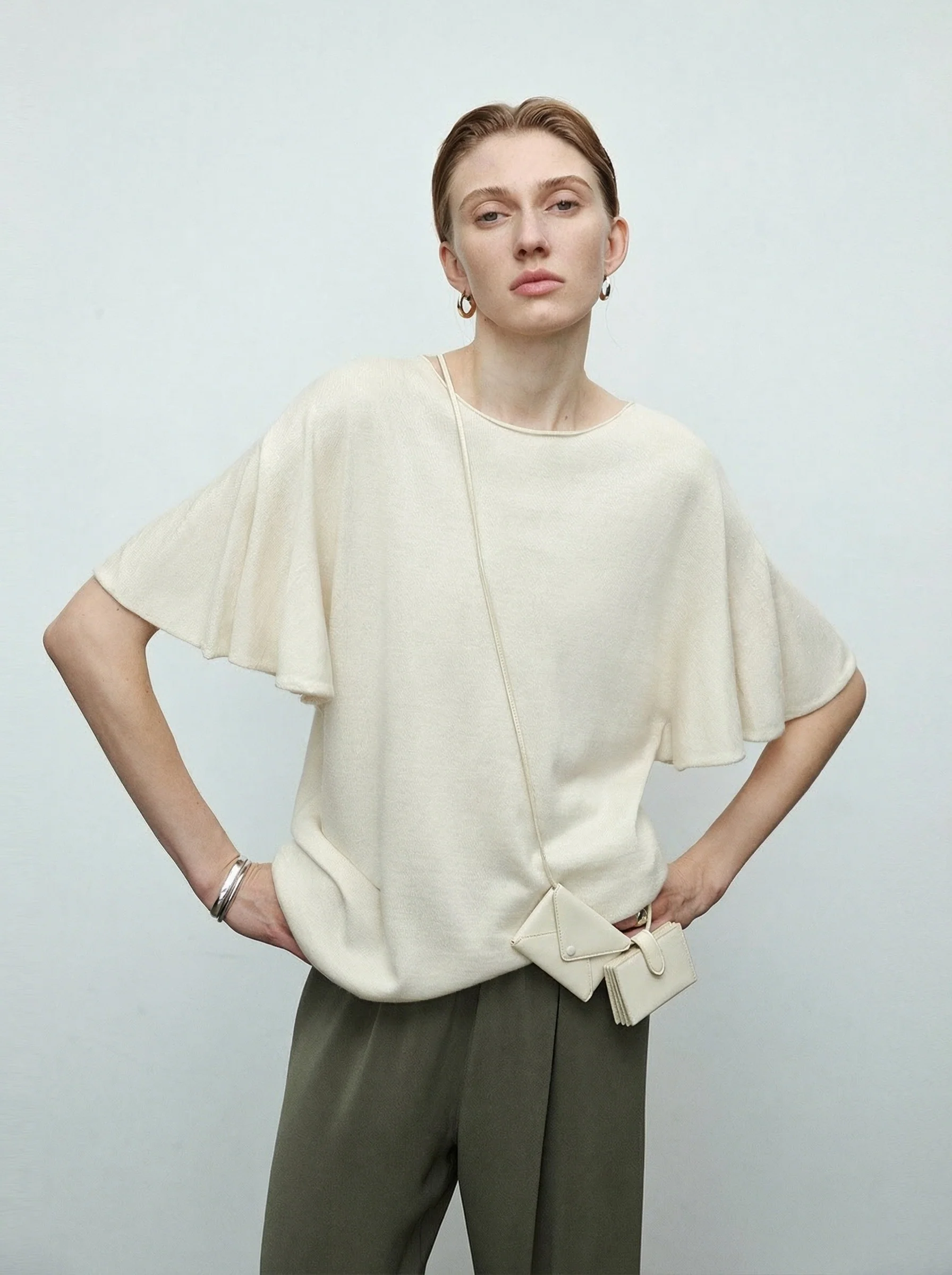 Linen-Cashmere Flutter-Sleeve Knit Top - Image 2