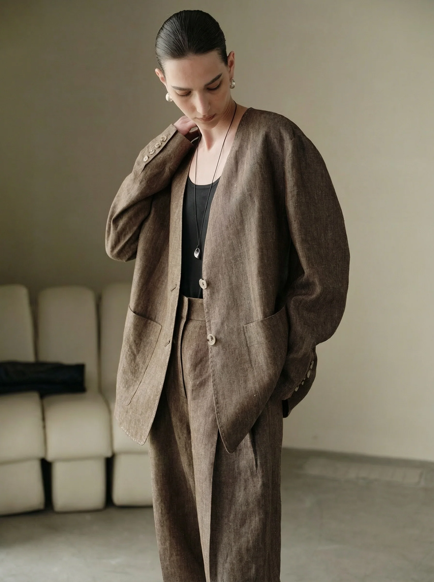 Linen-Hemp Collarless Suit Set - Image 4