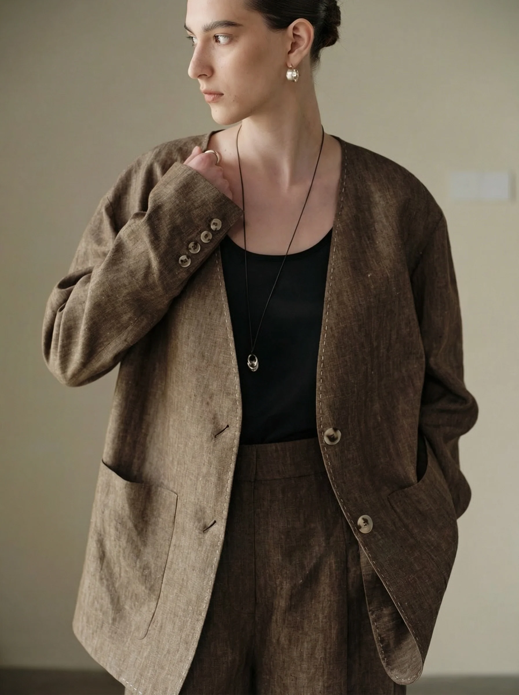 Linen-Hemp Collarless Suit Set - Image 6