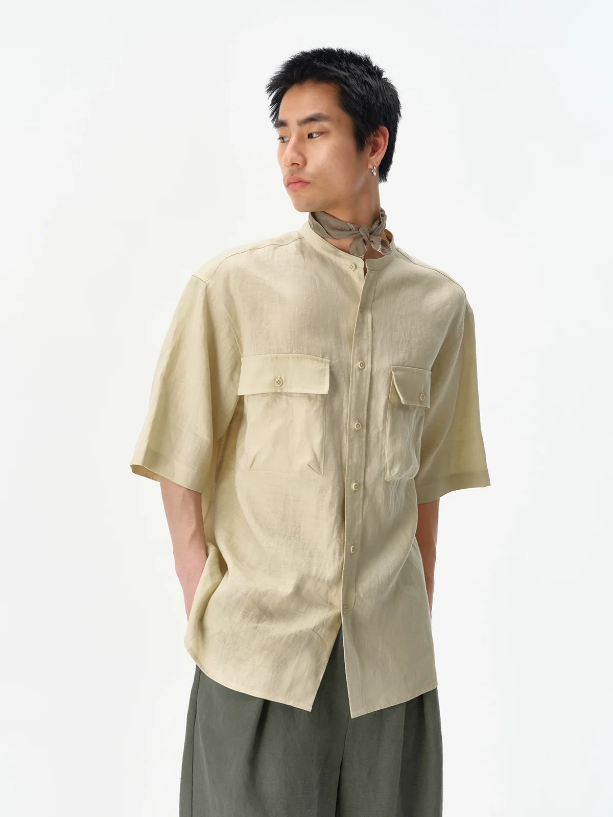Linen Mandarin Collar Short-Sleeve Shirt - Image 5