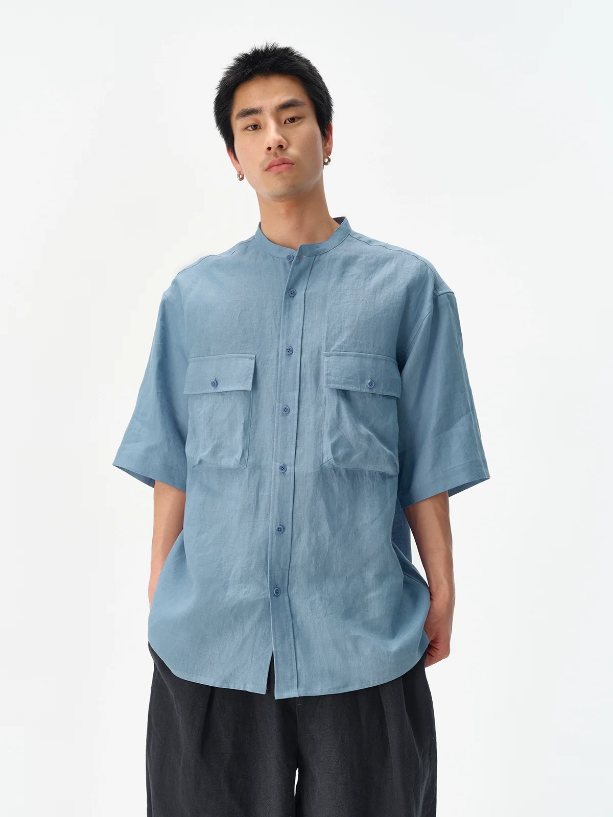 Linen Mandarin Collar Short-Sleeve Shirt - Image 7
