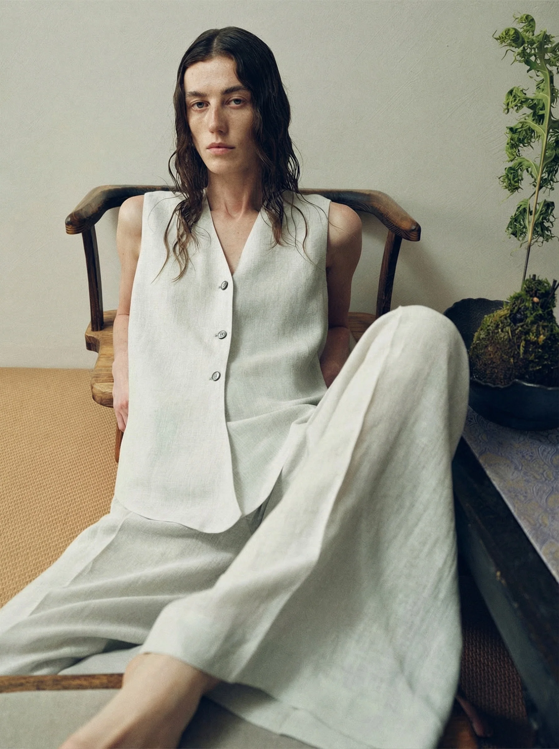 Linen Melange Tie-Front Vest & Wide-Leg Trousers Set