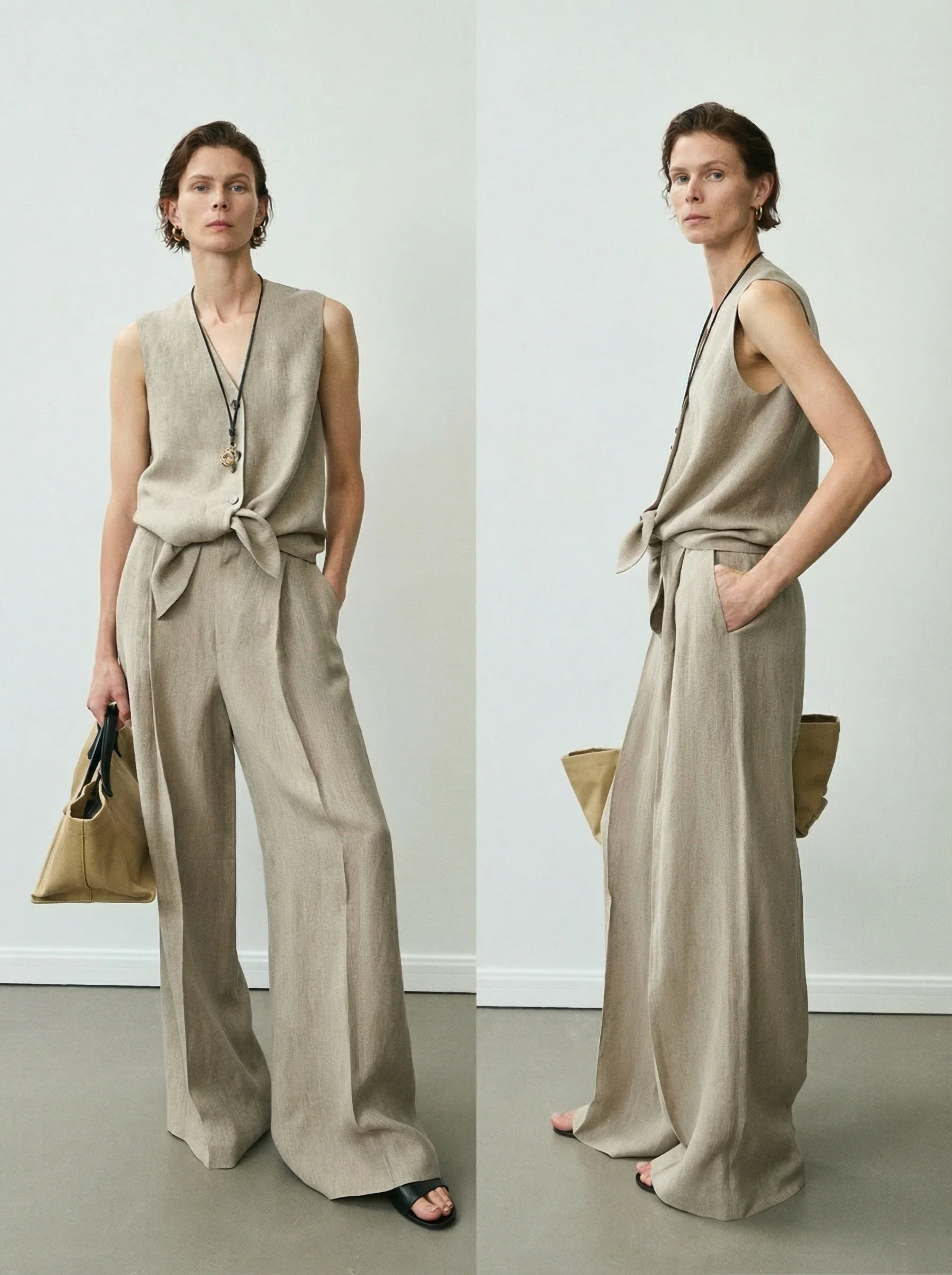 Linen Melange Tie-Front Vest & Wide-Leg Trousers Set - Image 3