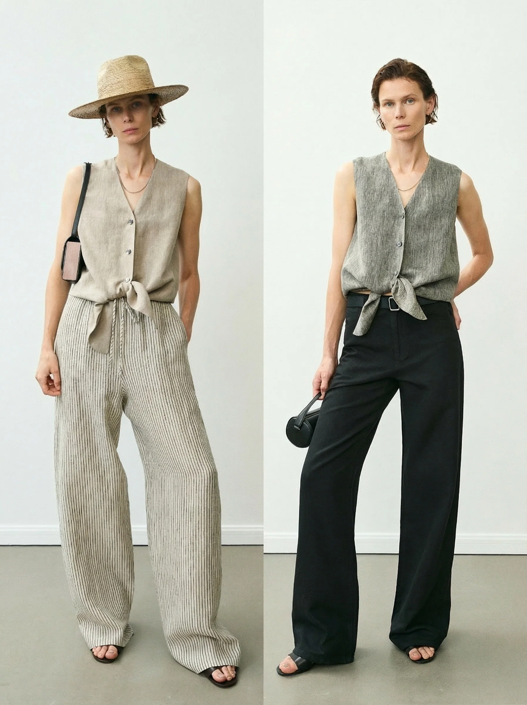 Linen Melange Tie-Front Vest & Wide-Leg Trousers Set - Image 5