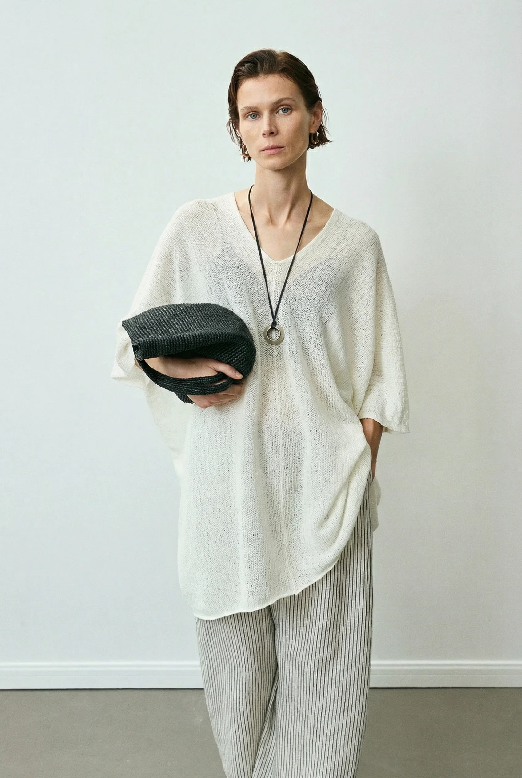 Linen Open-Knit V-Neck Poncho Top