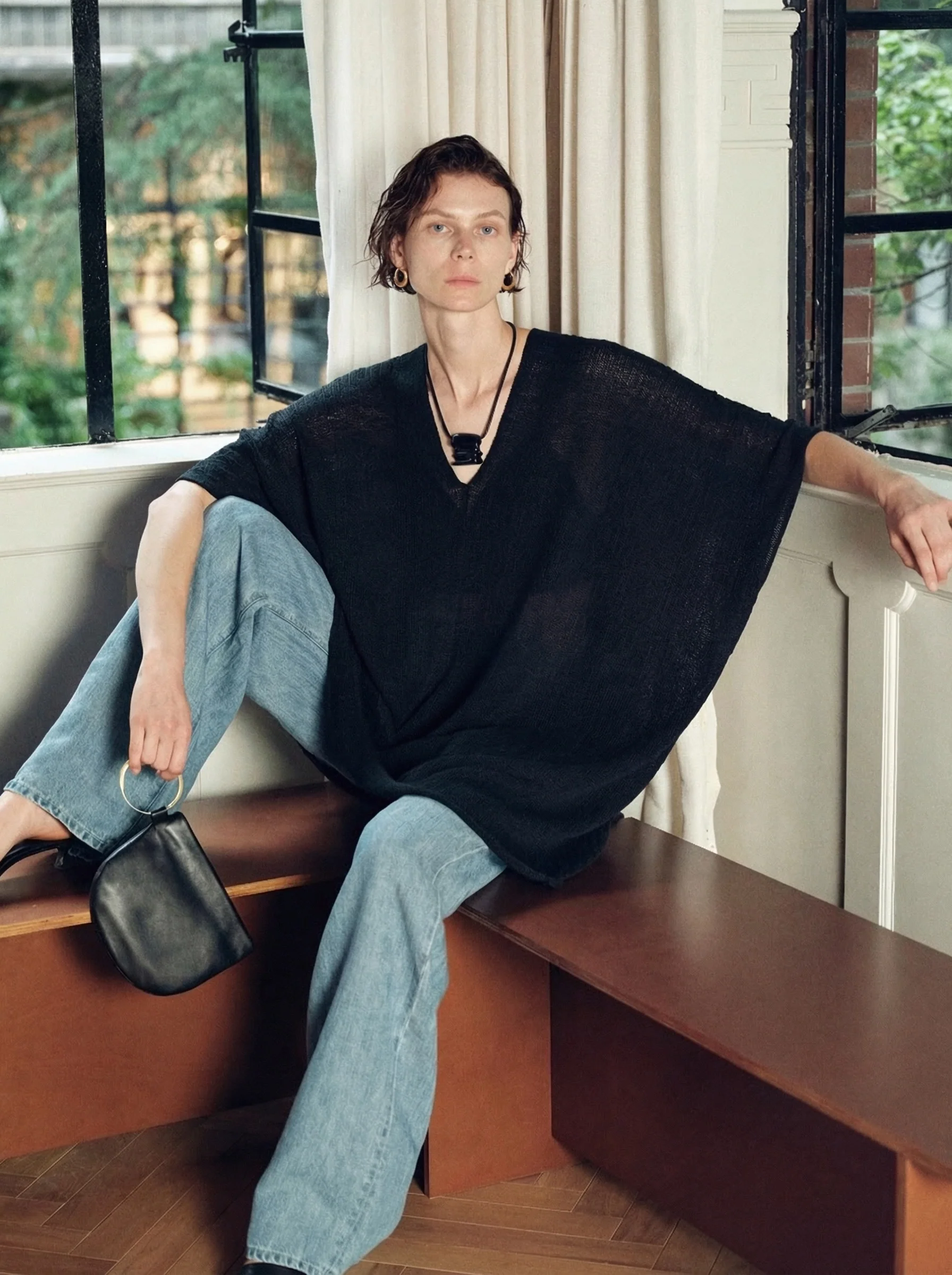 Linen Open-Knit V-Neck Poncho Top - Image 2