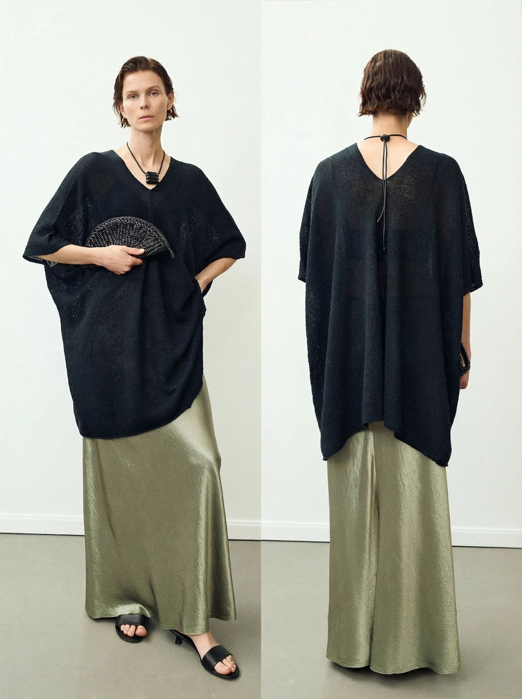 Linen Open-Knit V-Neck Poncho Top - Image 3