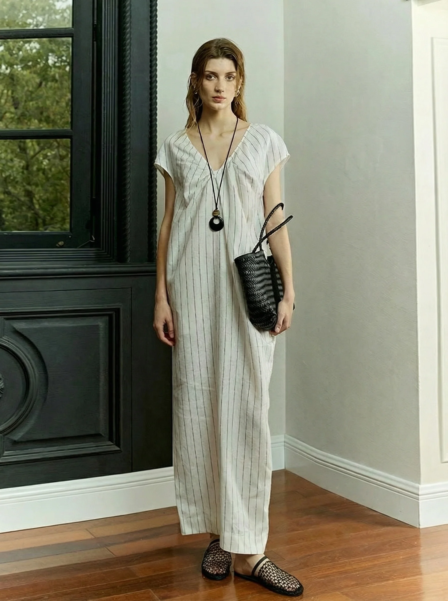 Linen Pinstripe V-Neck Maxi Dress