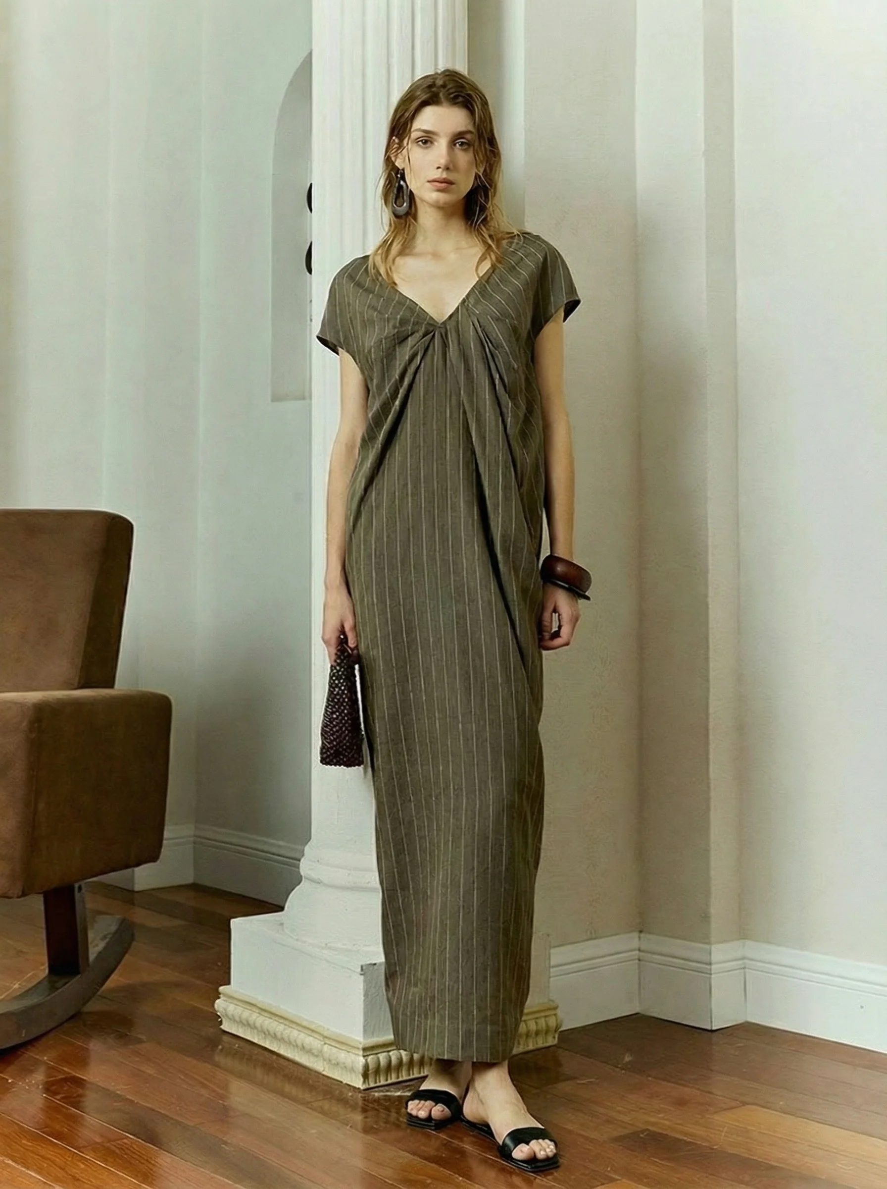 Linen Pinstripe V-Neck Maxi Dress - Image 2