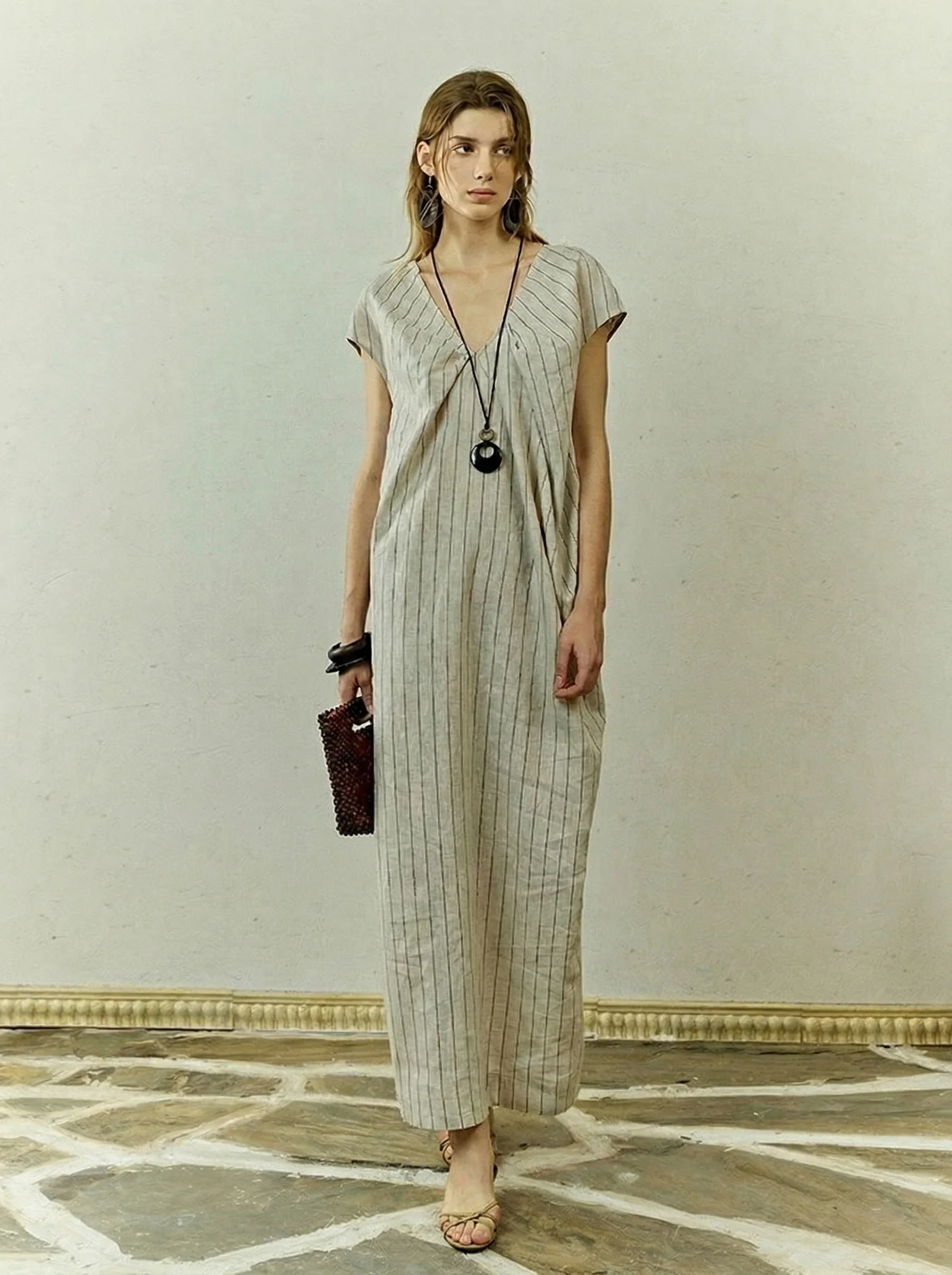 Linen Pinstripe V-Neck Maxi Dress - Image 3