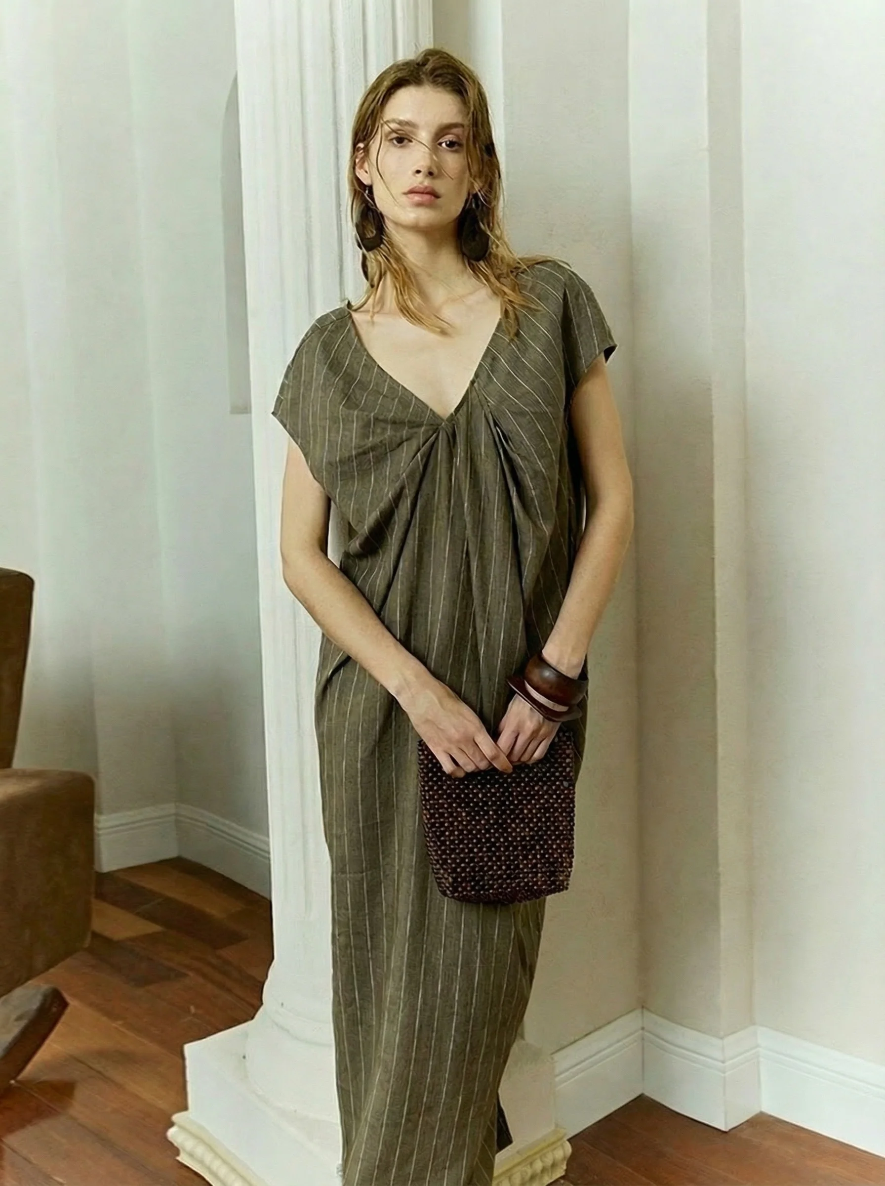 Linen Pinstripe V-Neck Maxi Dress - Image 4