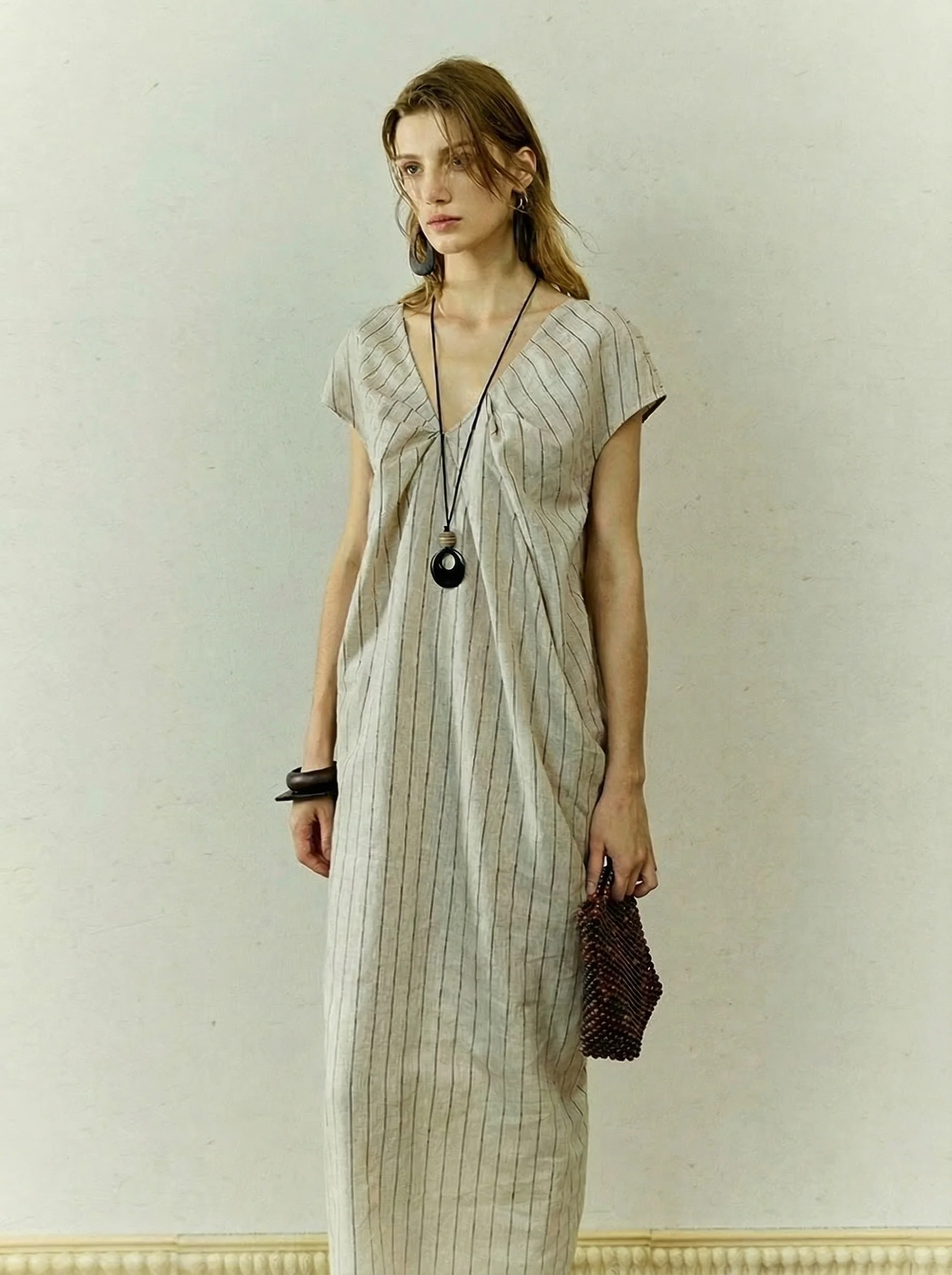 Linen Pinstripe V-Neck Maxi Dress - Image 5