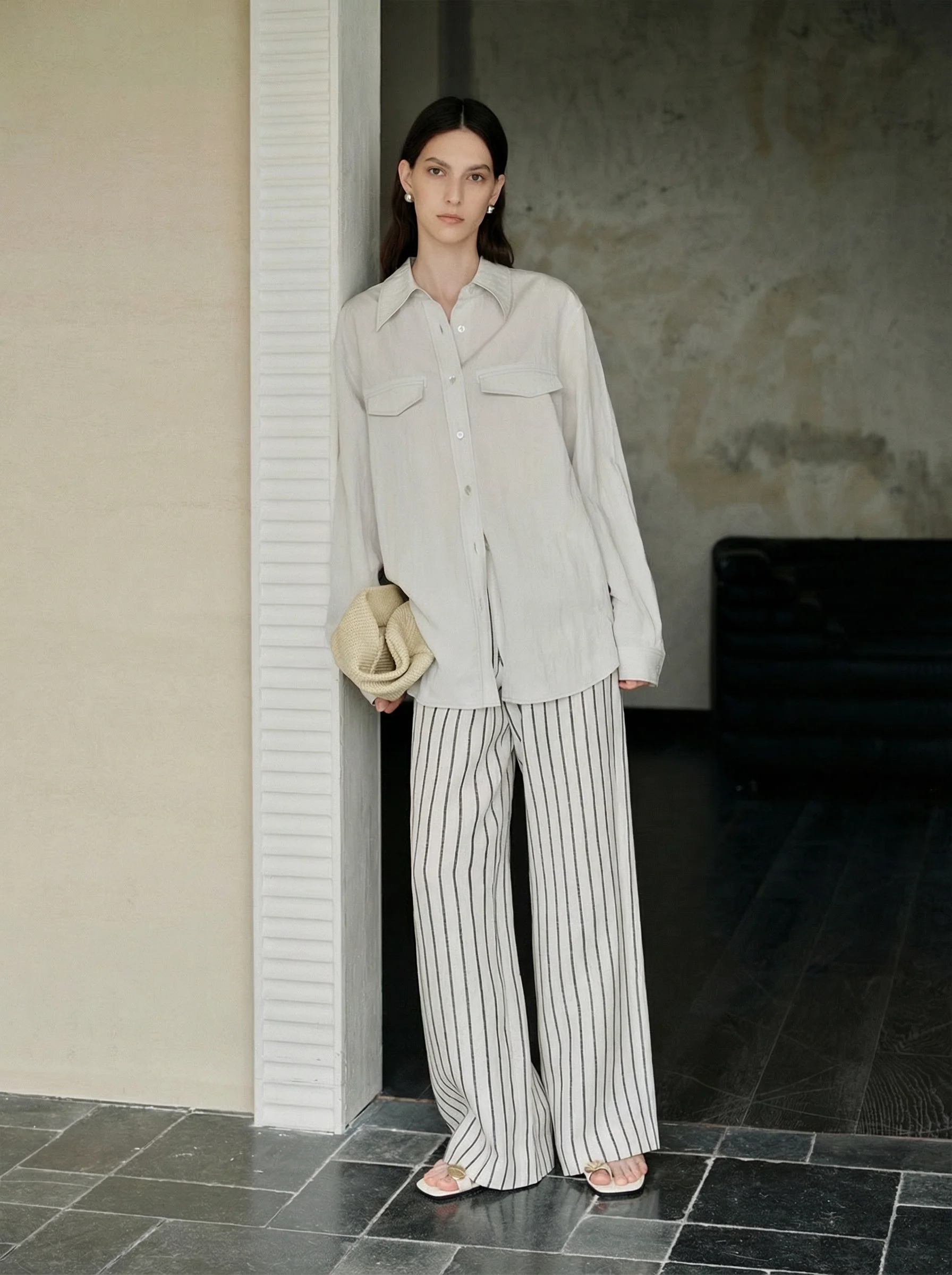 Linen Pinstripe Wide-Leg Pants - Image 5