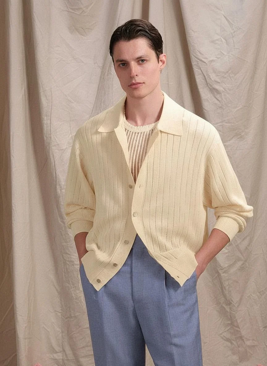 Linen-Silk Polo Cardigan