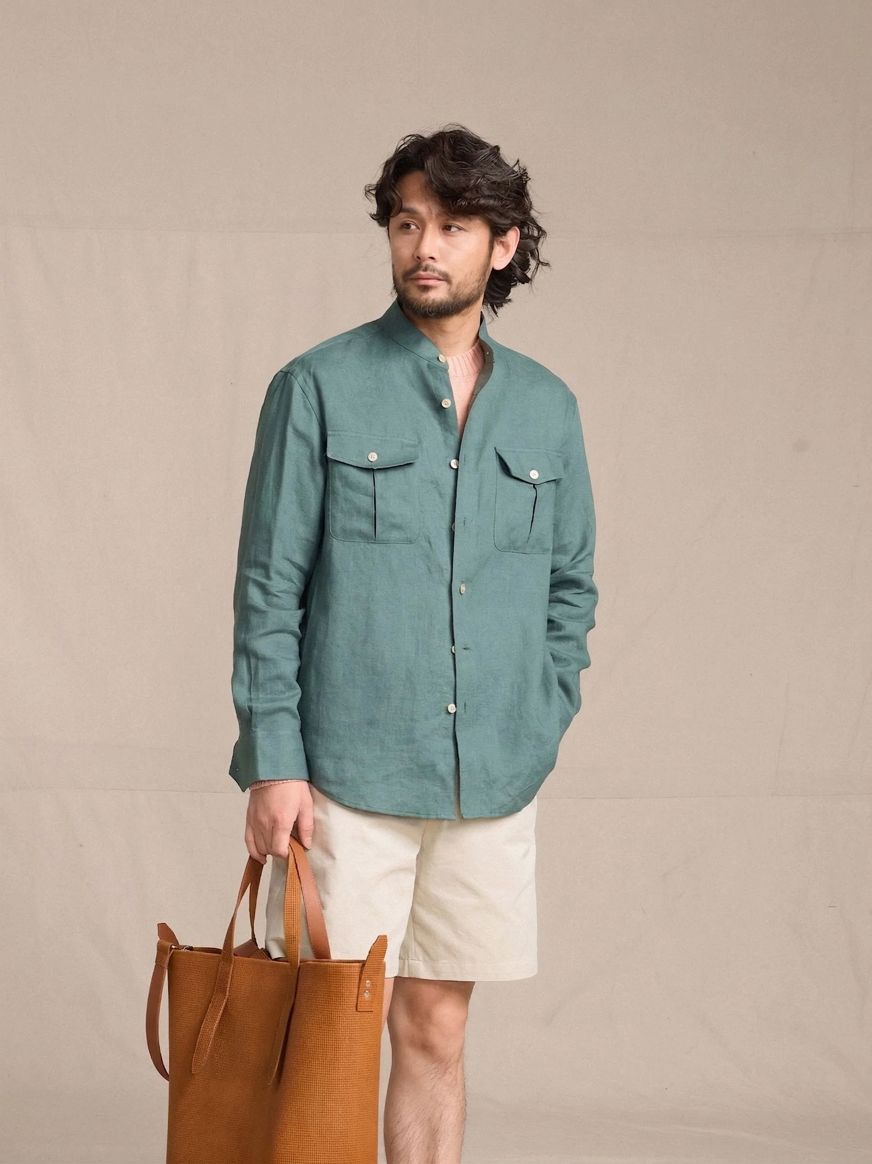 Linen Stand-Collar Shirt