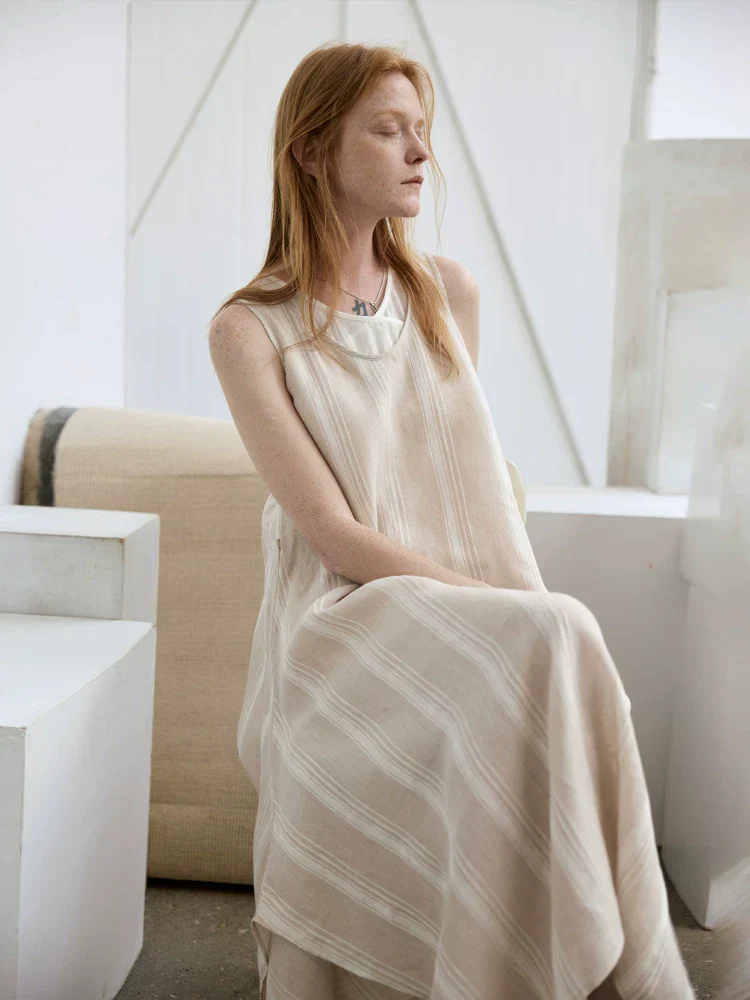 Linen Stripe Faux Two-Piece Maxi Dress - Image 3