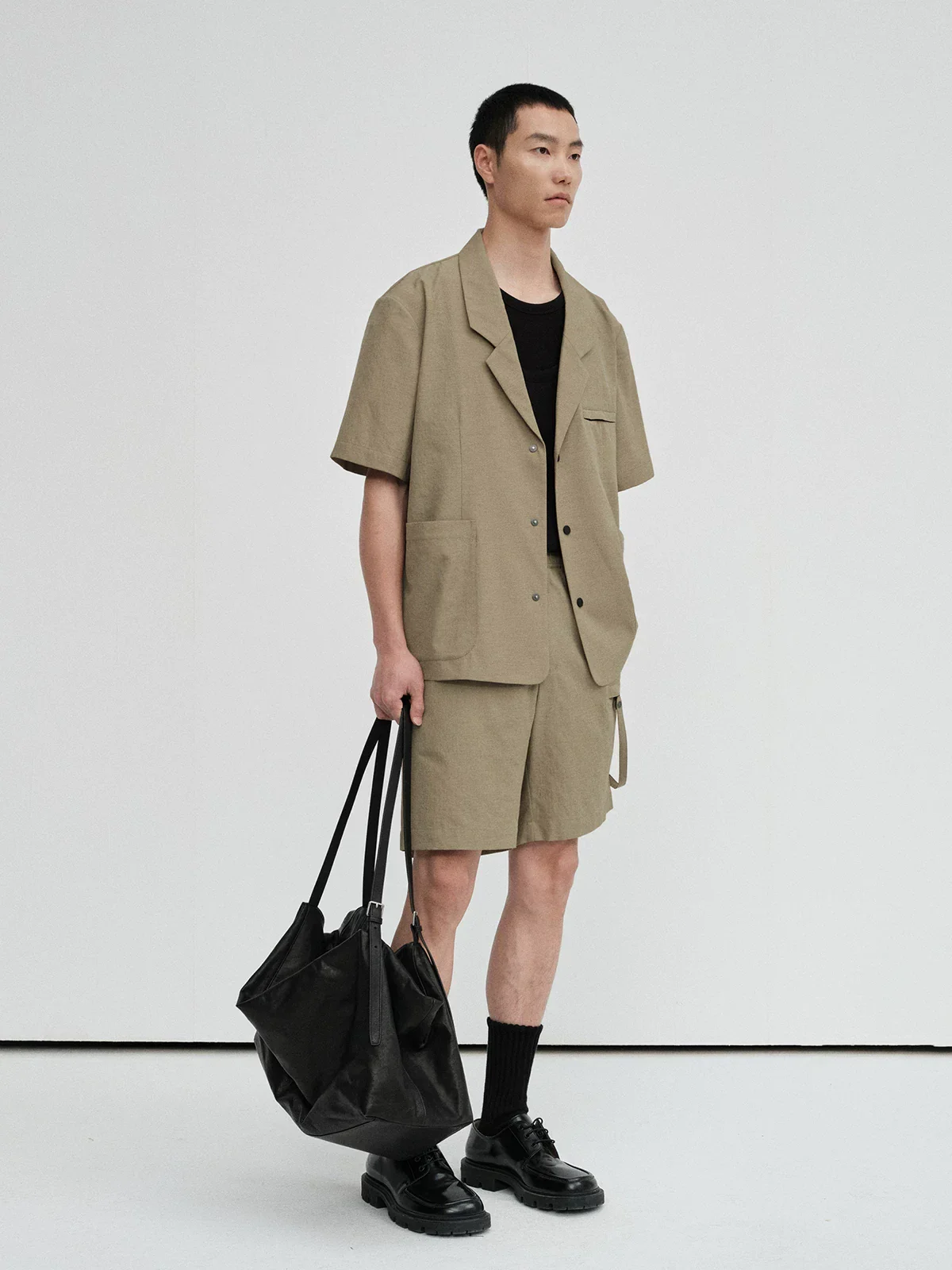 Linen-Texture Short-Sleeve Notch Blazer