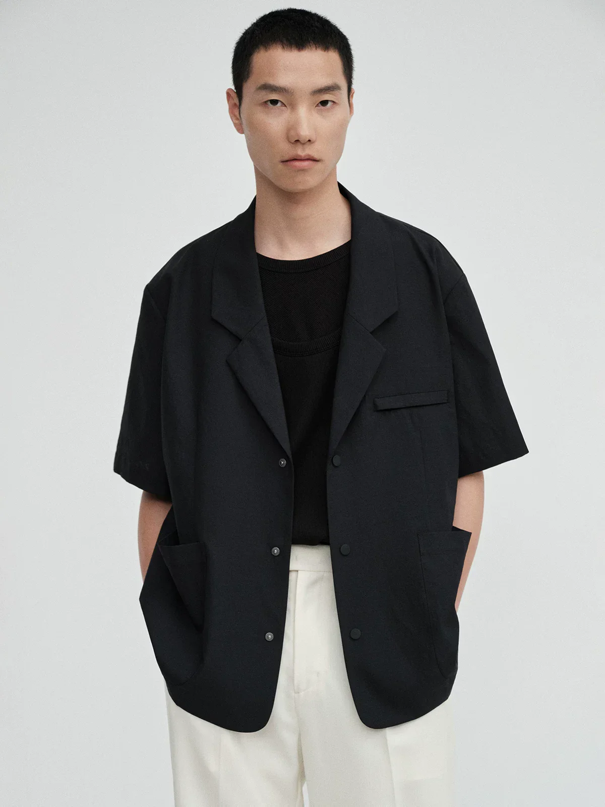 Linen-Texture Short-Sleeve Notch Blazer - Image 4