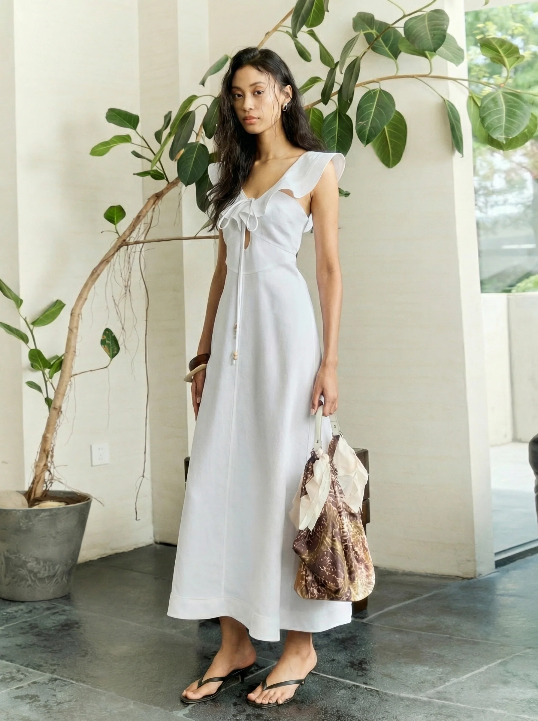 Linen Tie-Front Ruffle Midi Dress