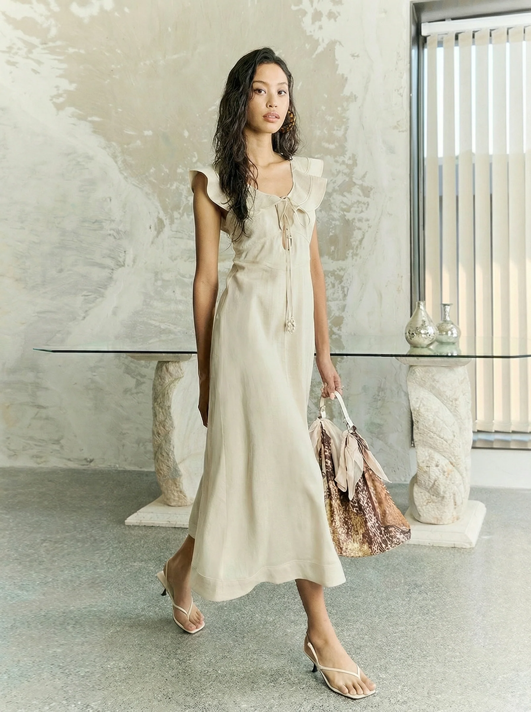 Linen Tie-Front Ruffle Midi Dress - Image 2