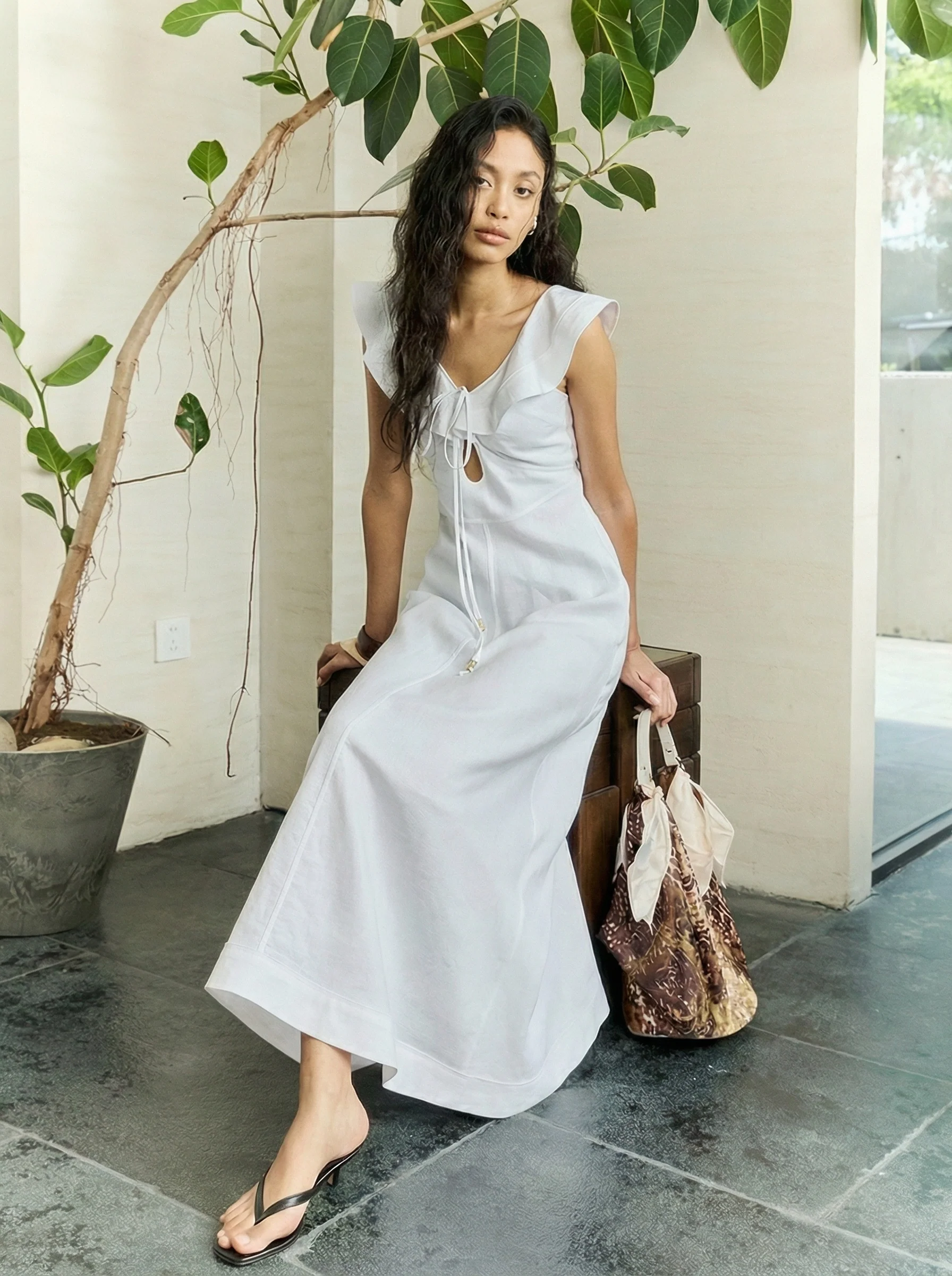Linen Tie-Front Ruffle Midi Dress - Image 4