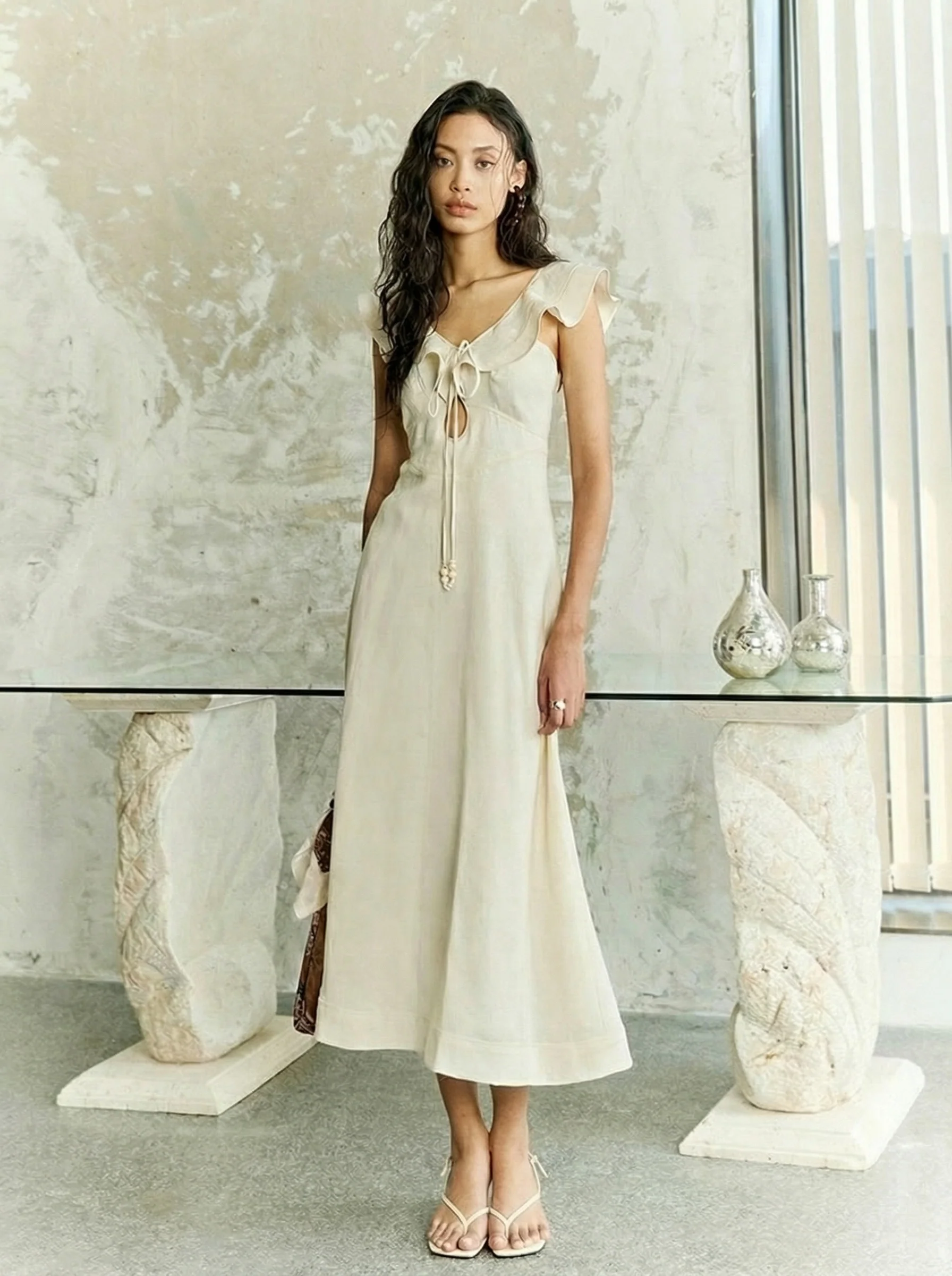 Linen Tie-Front Ruffle Midi Dress - Image 5