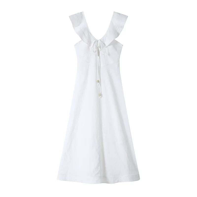 Linen Tie-Front Ruffle Midi Dress - Image 6
