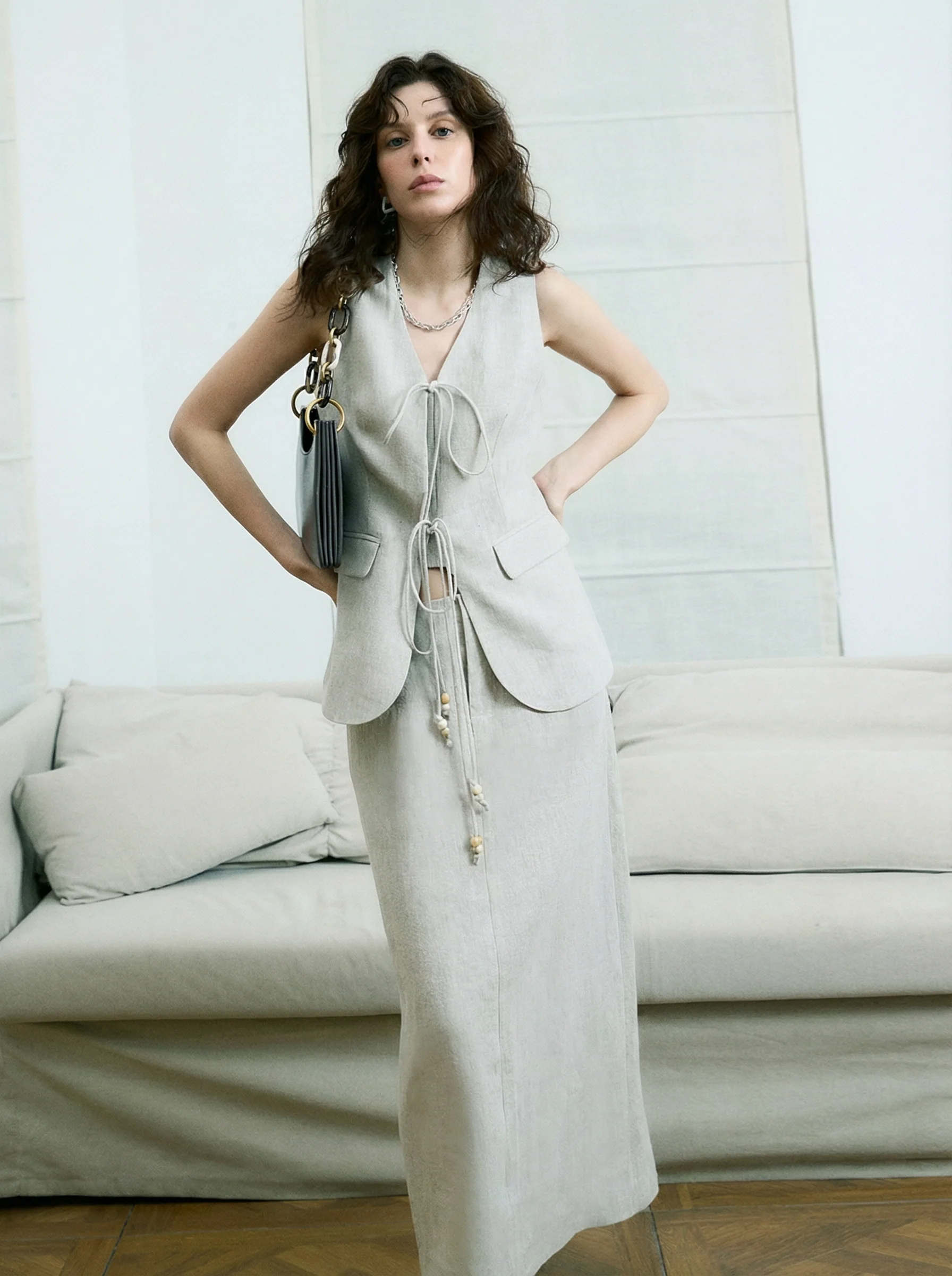 Linen Tie-Front Vest and Straight Skirt Set