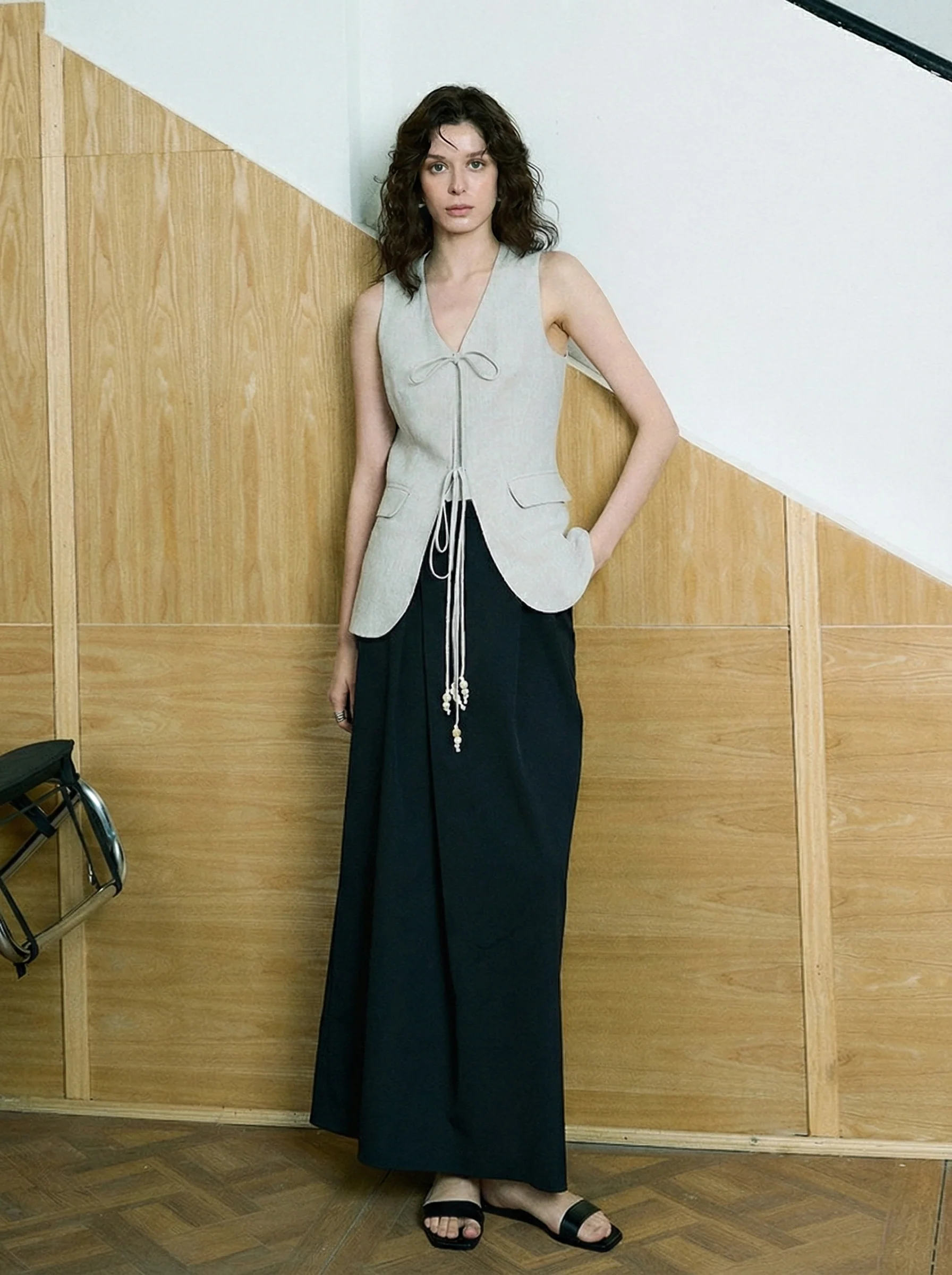 Linen Tie-Front Vest and Straight Skirt Set - Image 3