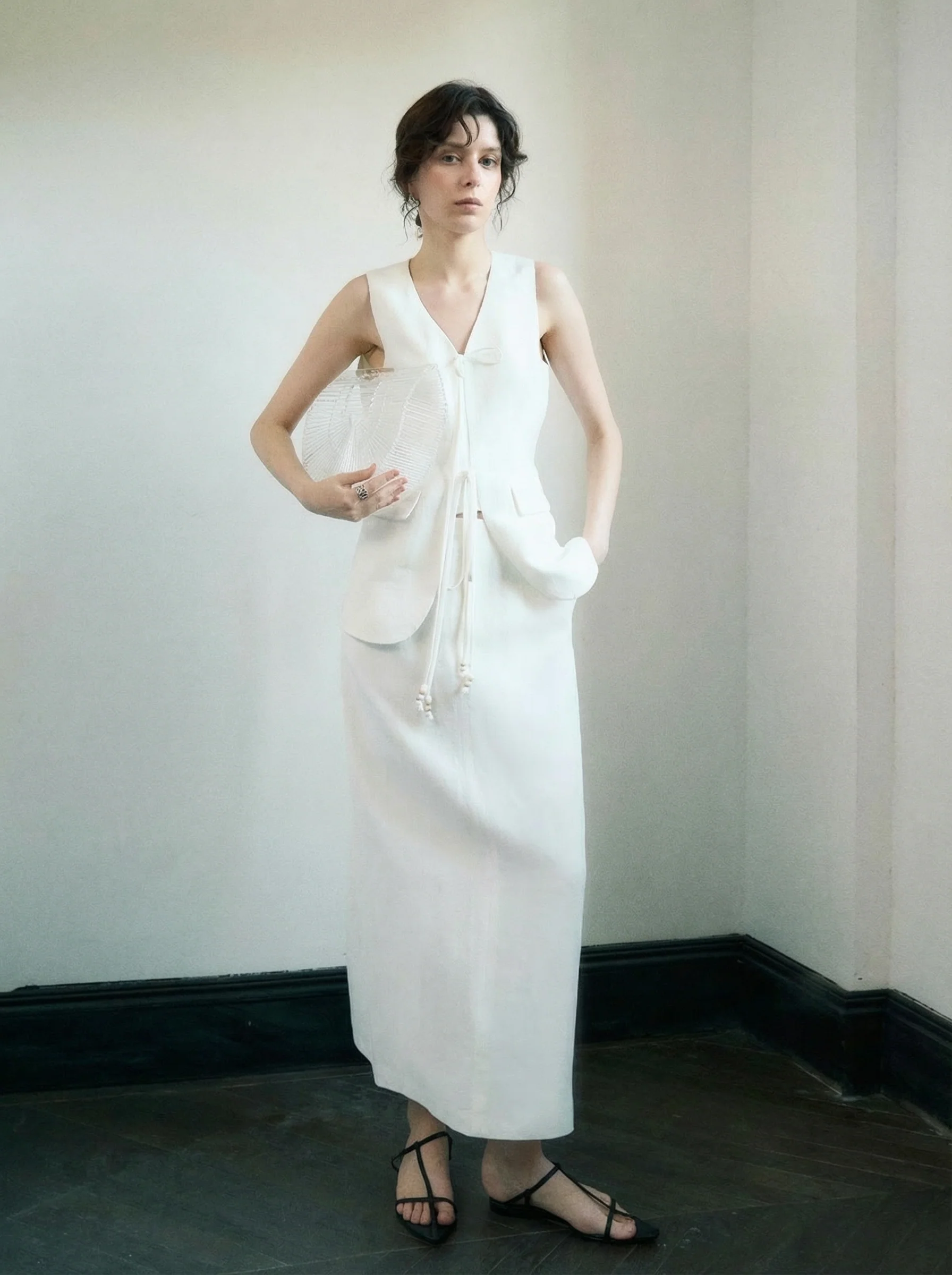 Linen Tie-Front Vest and Straight Skirt Set - Image 4