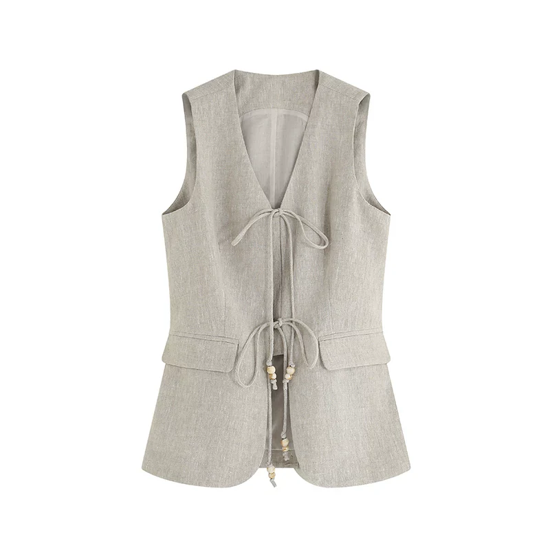 Linen Tie-Front Vest and Straight Skirt Set - Image 5