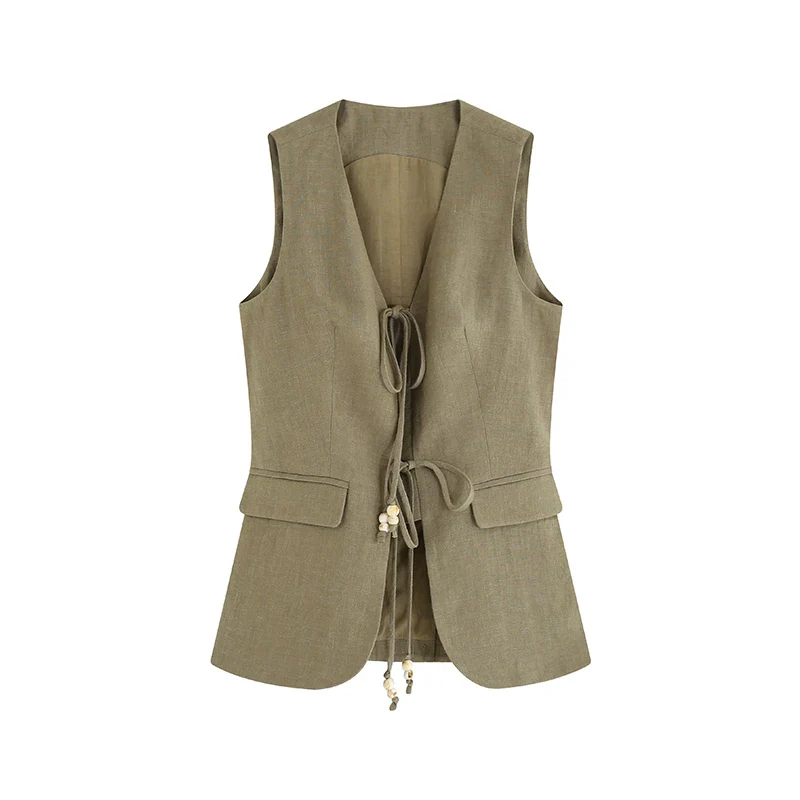 Linen Tie-Front Vest and Straight Skirt Set - Image 6