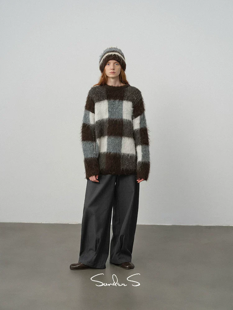 Long-Hair Plaid Crewneck Sweater