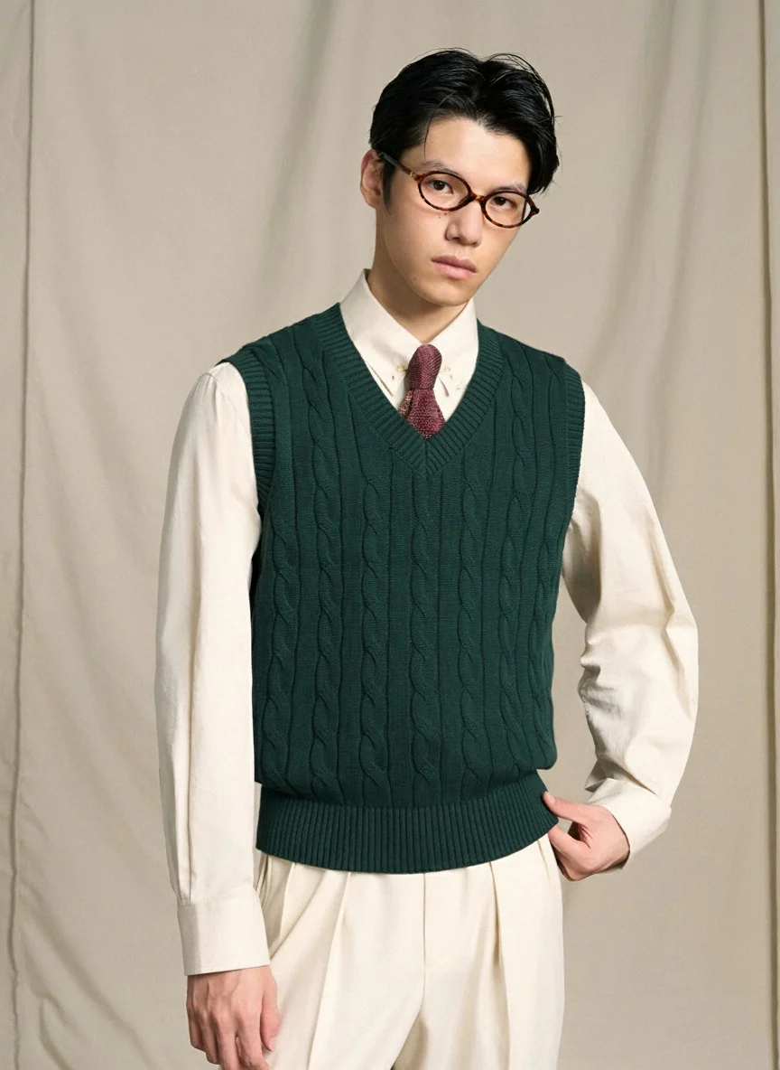Long-Staple Cotton Cable Knit V-Neck Vest - Image 2