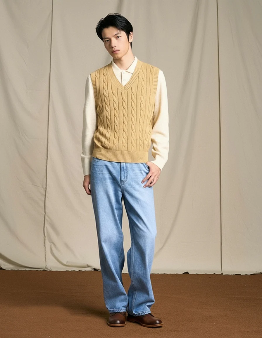 Long-Staple Cotton Cable Knit V-Neck Vest - Image 3