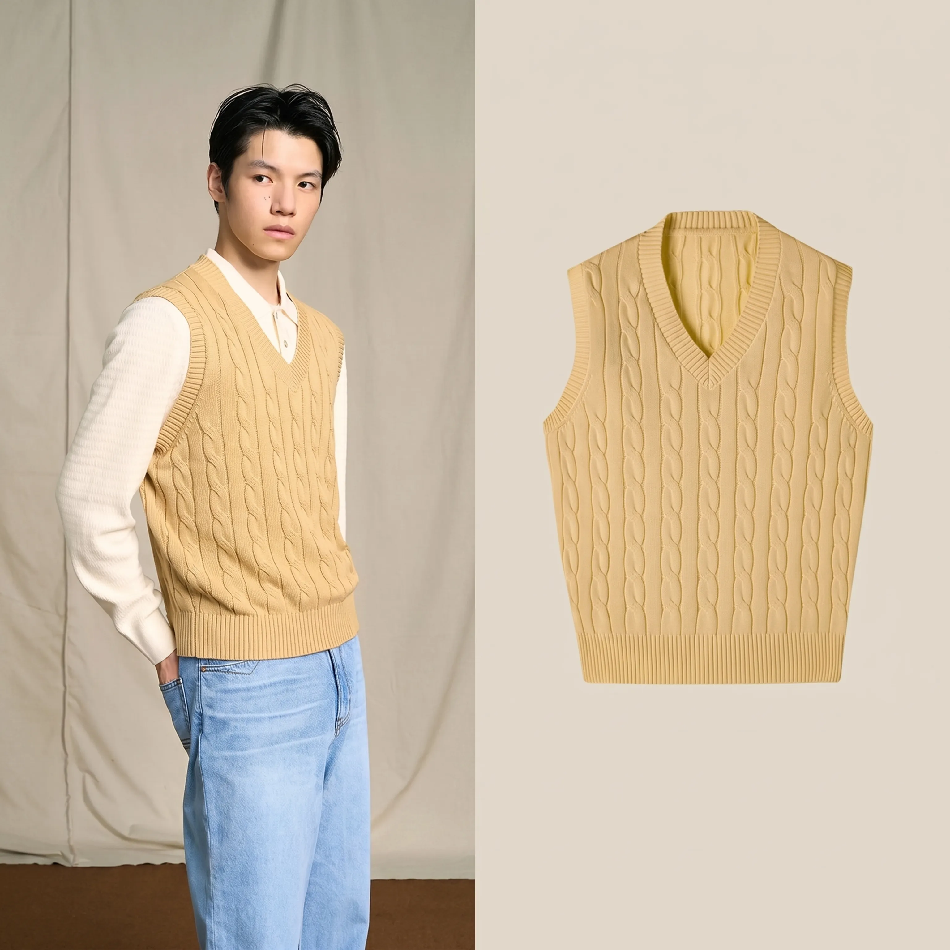 Long-Staple Cotton Cable Knit V-Neck Vest - Image 4