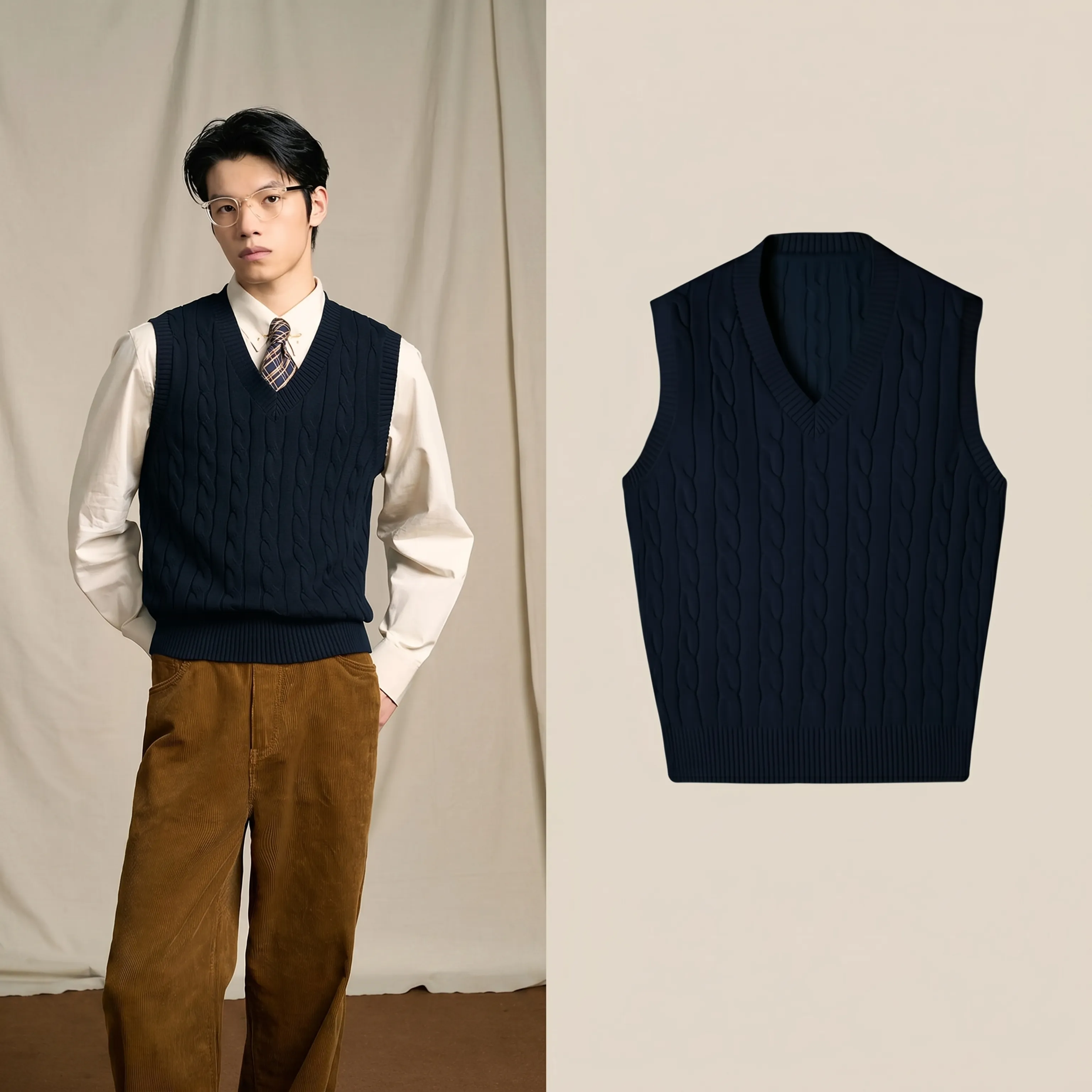 Long-Staple Cotton Cable Knit V-Neck Vest - Image 5