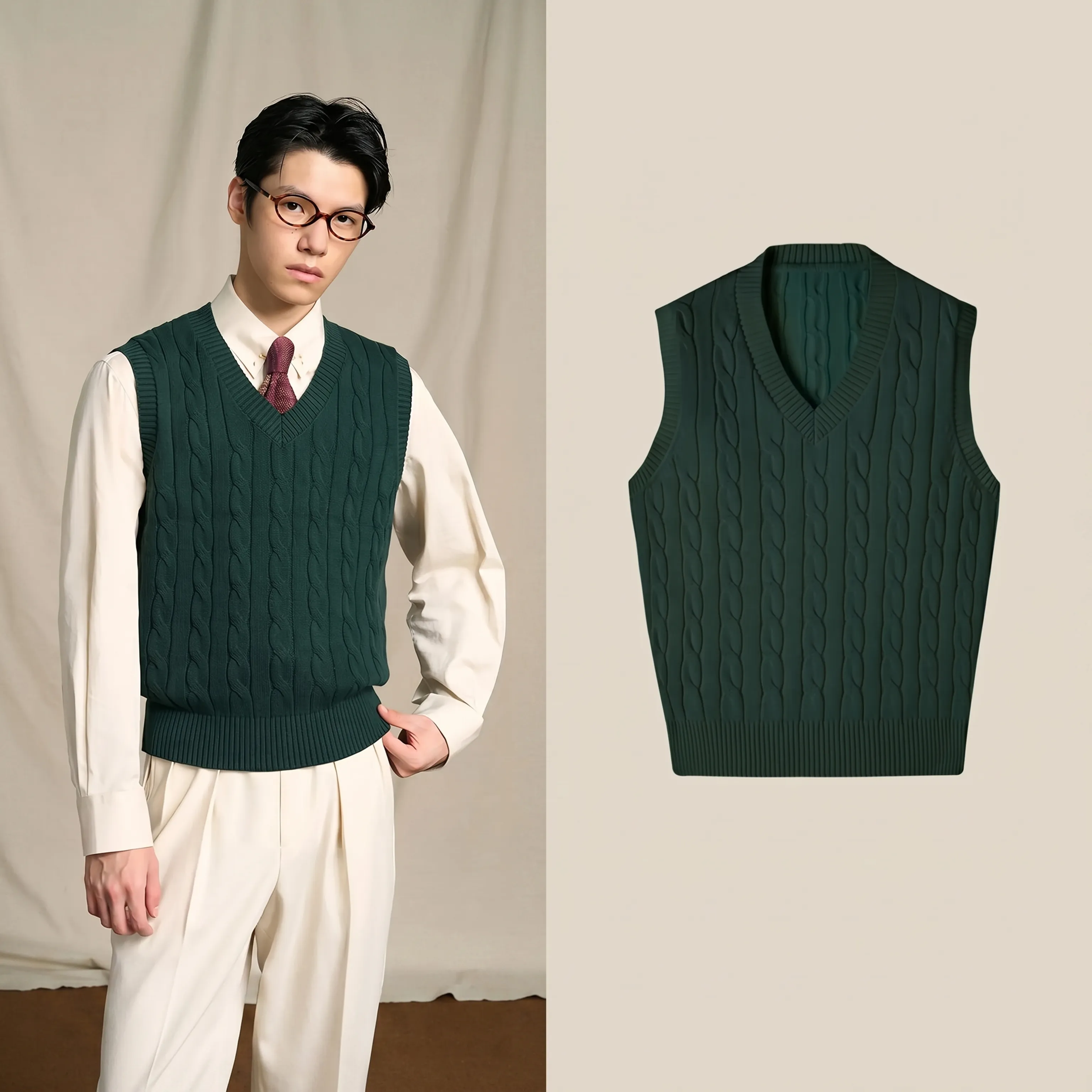 Long-Staple Cotton Cable Knit V-Neck Vest - Image 6