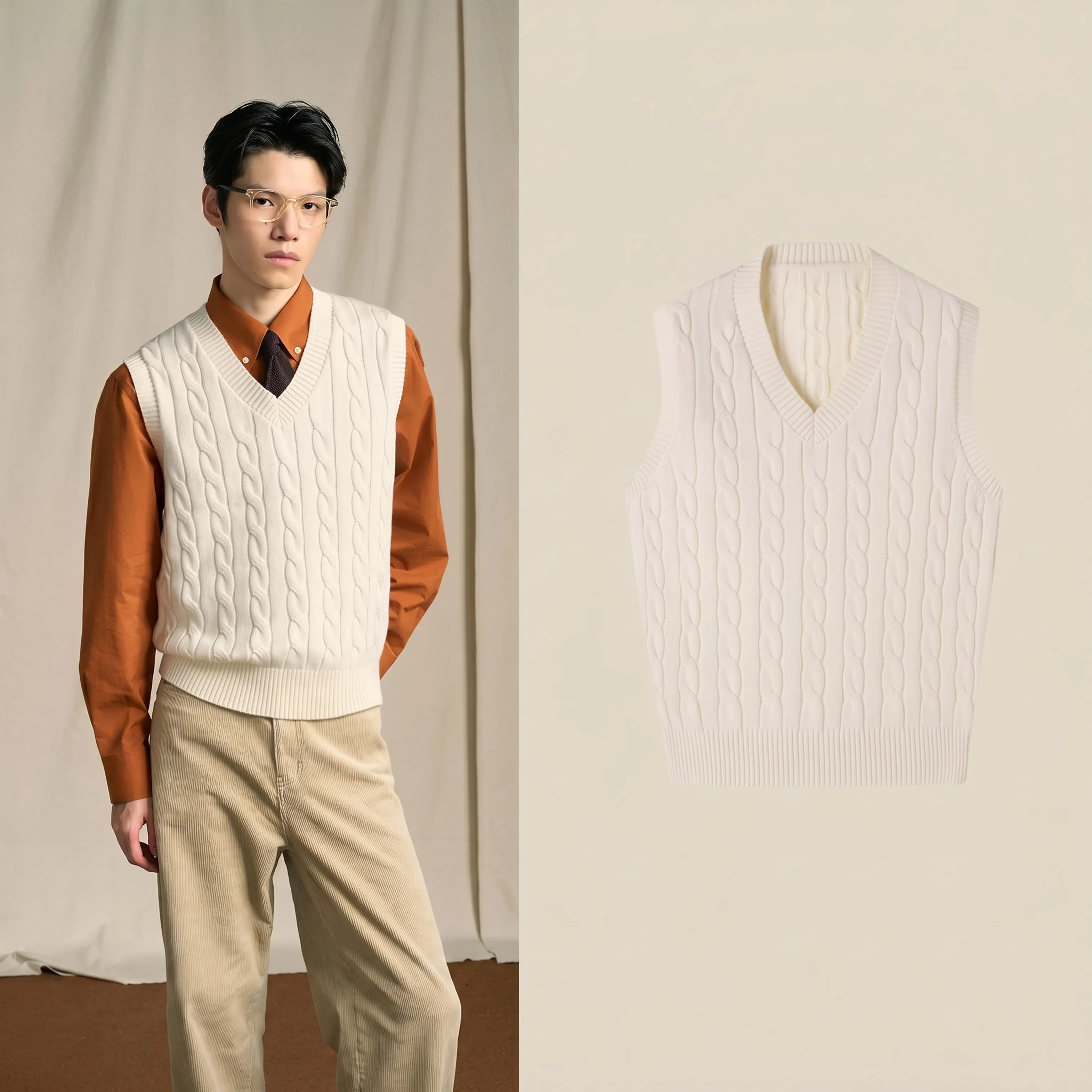 Long-Staple Cotton Cable Knit V-Neck Vest - Image 7