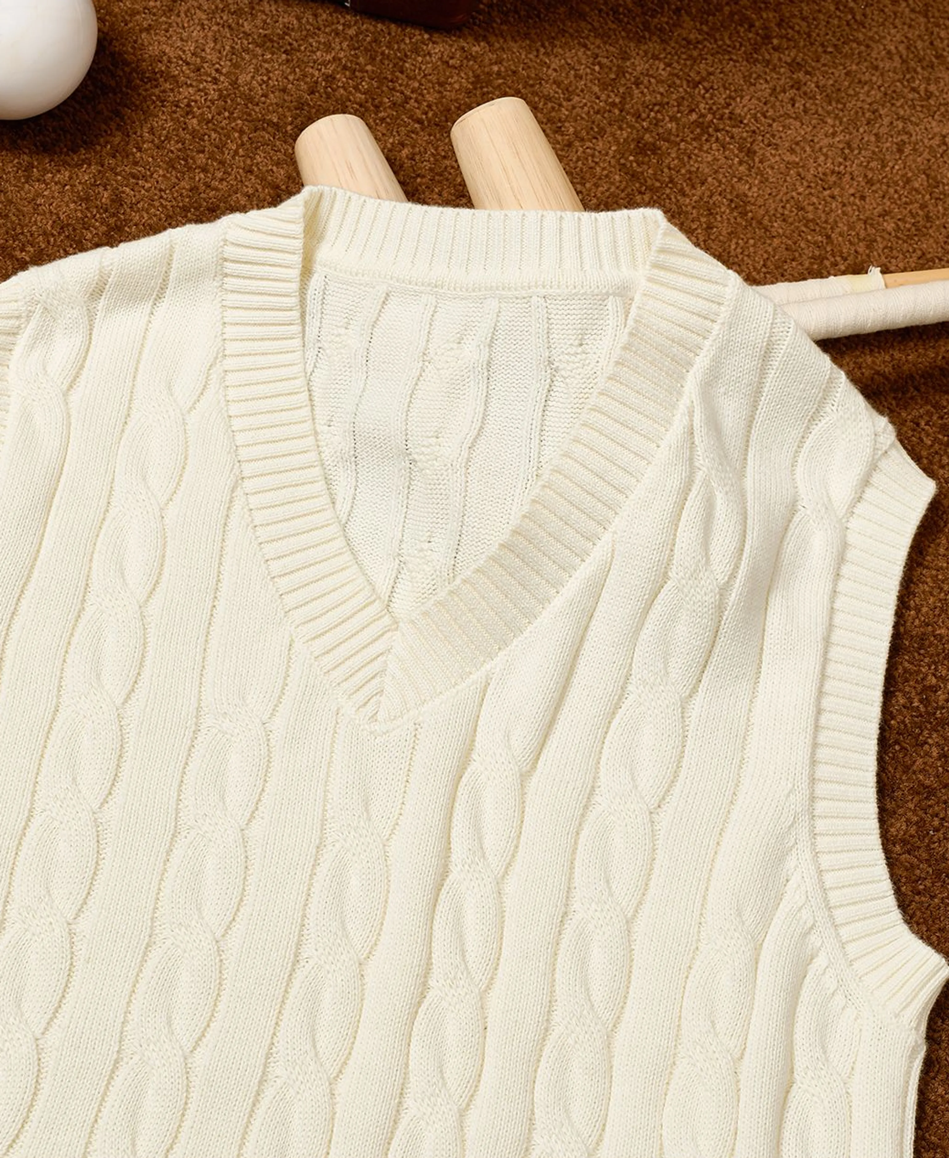 Long-Staple Cotton Cable Knit V-Neck Vest - Image 8